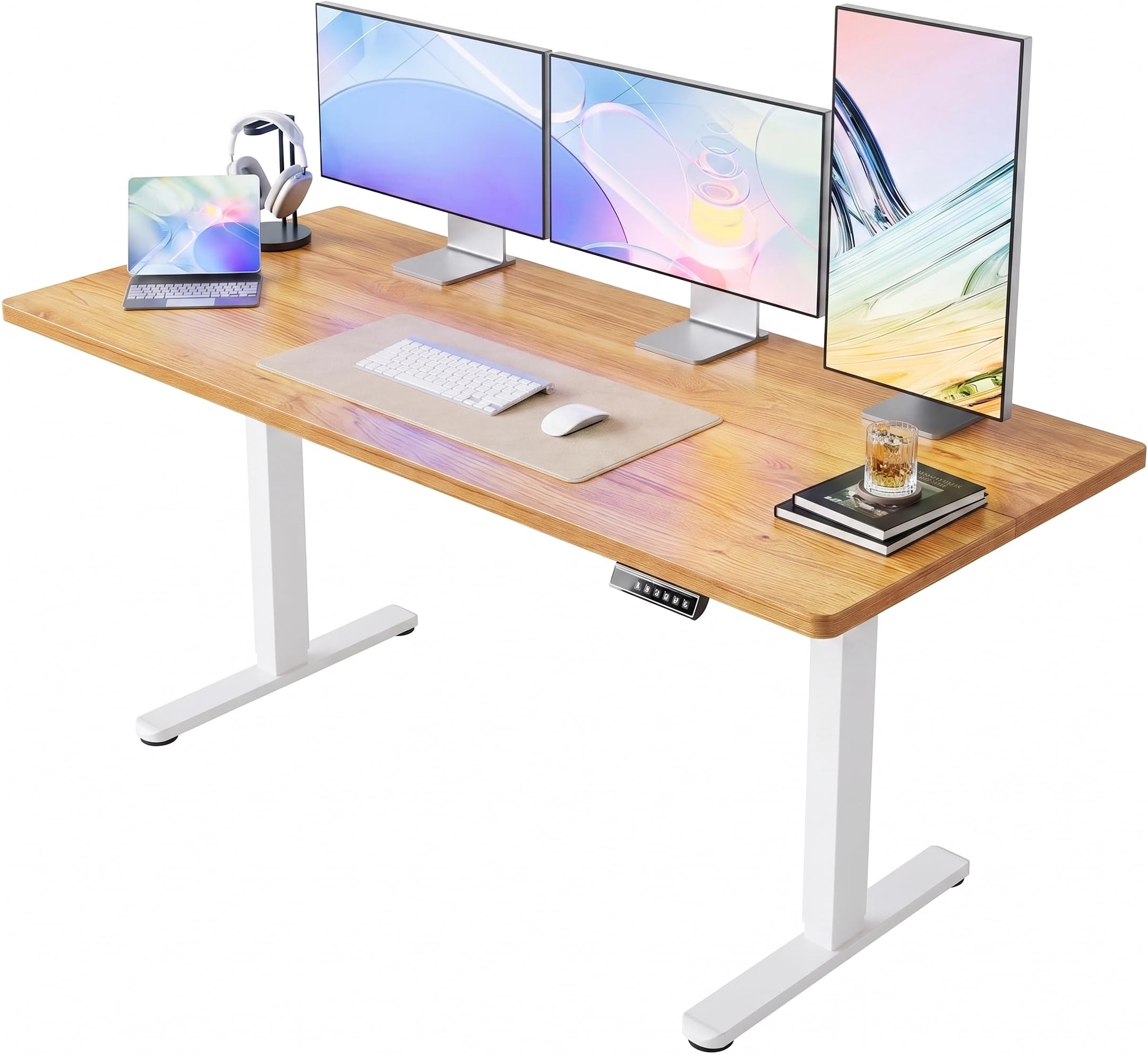 HUANUO 32x19 Inch Small Electric Standing Desk, Adjustable, Light Walnut
