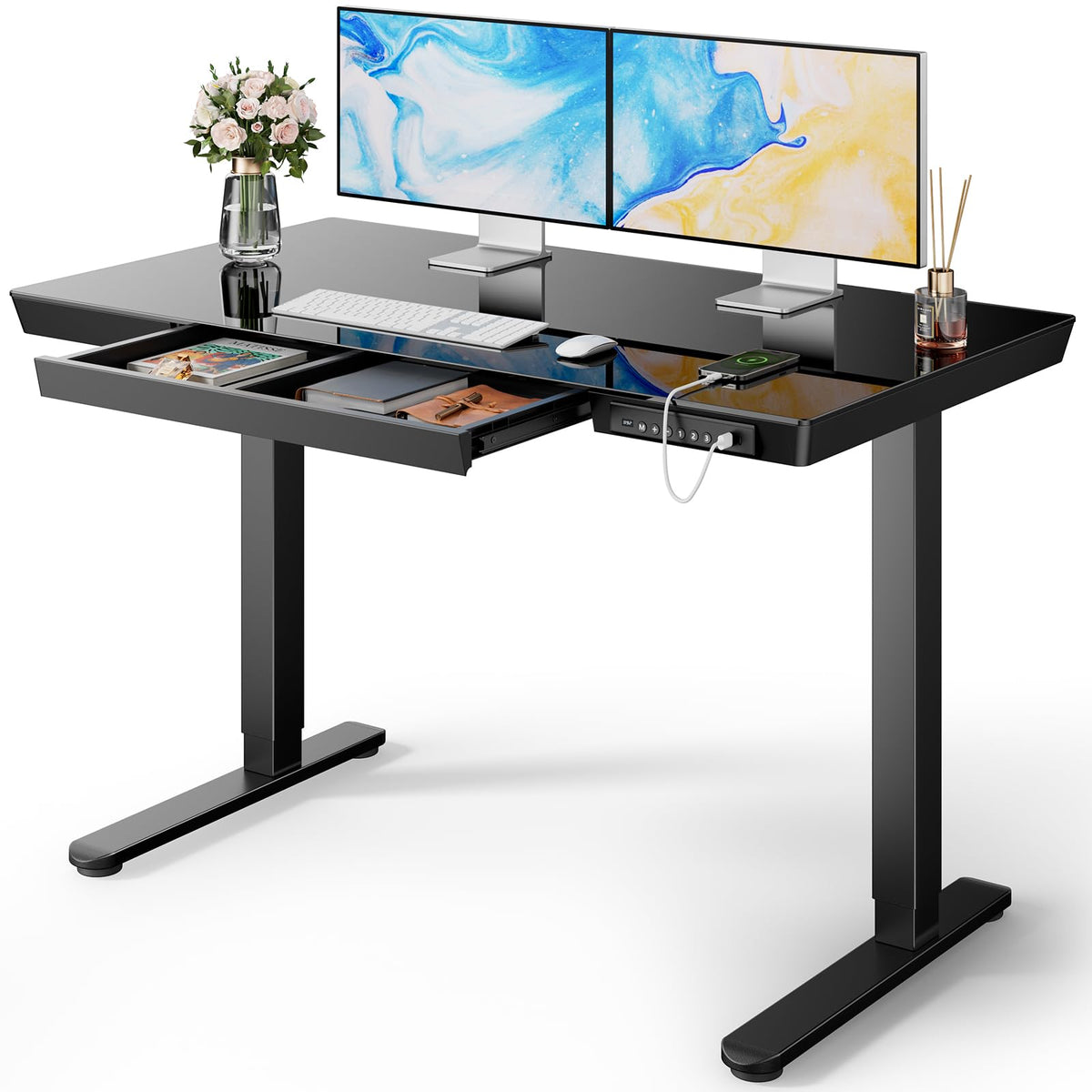 Marsail Glass Standing Desk with Drawer, 47.24 inch Electric Standing Desk, Height Adjustable Desk with One-Piece Tabletop & USB Charging Ports, Sit Stand Desk with Storage for Home & Office White