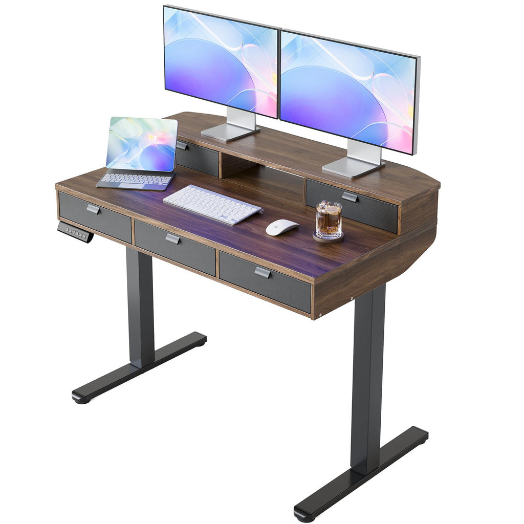 HUANUO 32 X 20 inch Electric Standing Desk with 4 Drawers, Adjustable Height Sit Stand Home Office Desk, C-Clamp Mount Compatible, Ergonomic Stand up Desk with 4 Preset Heights, Walnut