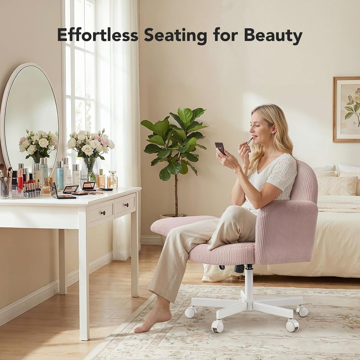 HUANUO Criss Cross Office Chair for Girls, Cross Legged Desk Chair with Adjustable Armrests, Soft Corduroy Fabric for Small Spaces, Home Office Computer Chair for Petite Women, Pink