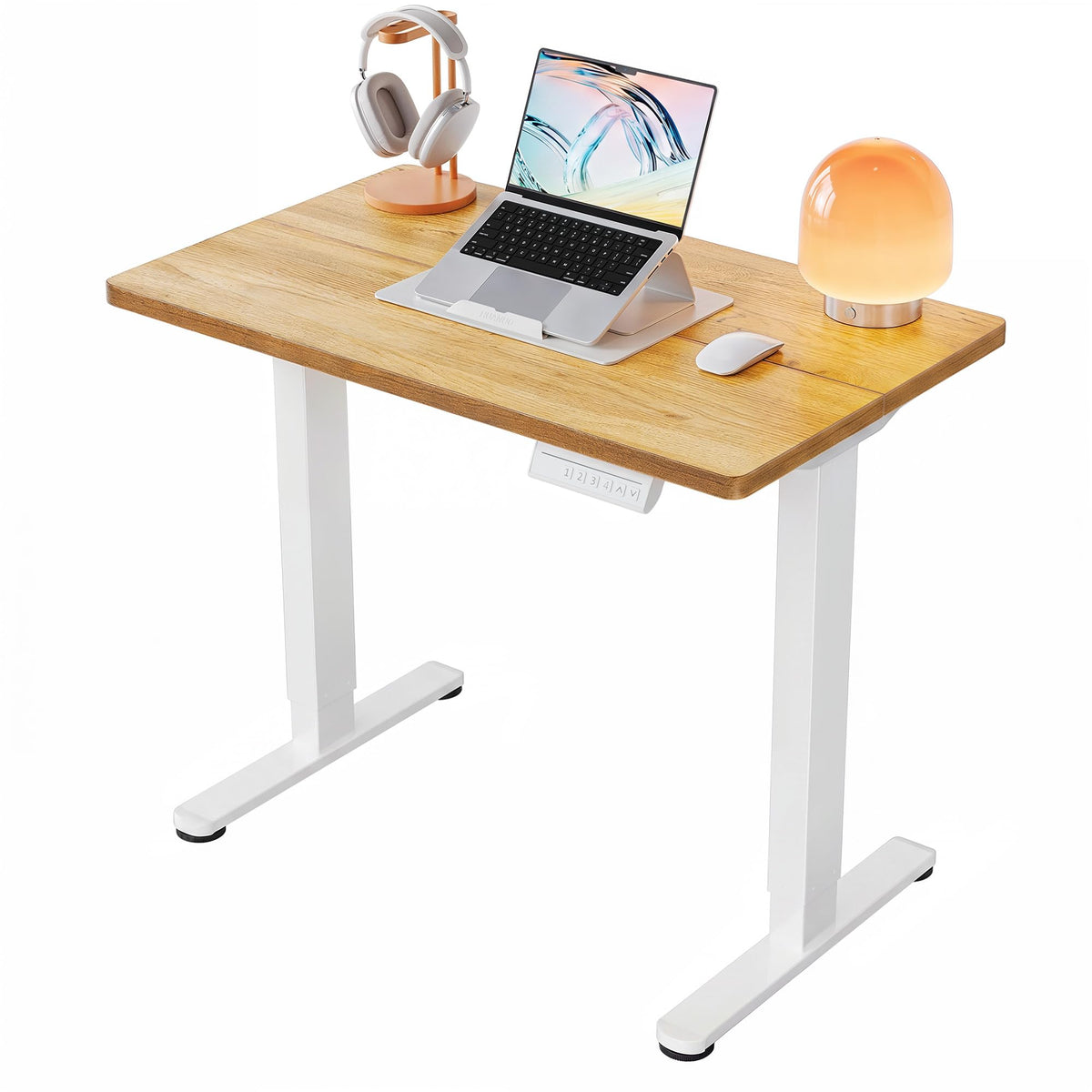 HUANUO 32x19 Inch Small Electric Standing Desk, Adjustable, Light Walnut