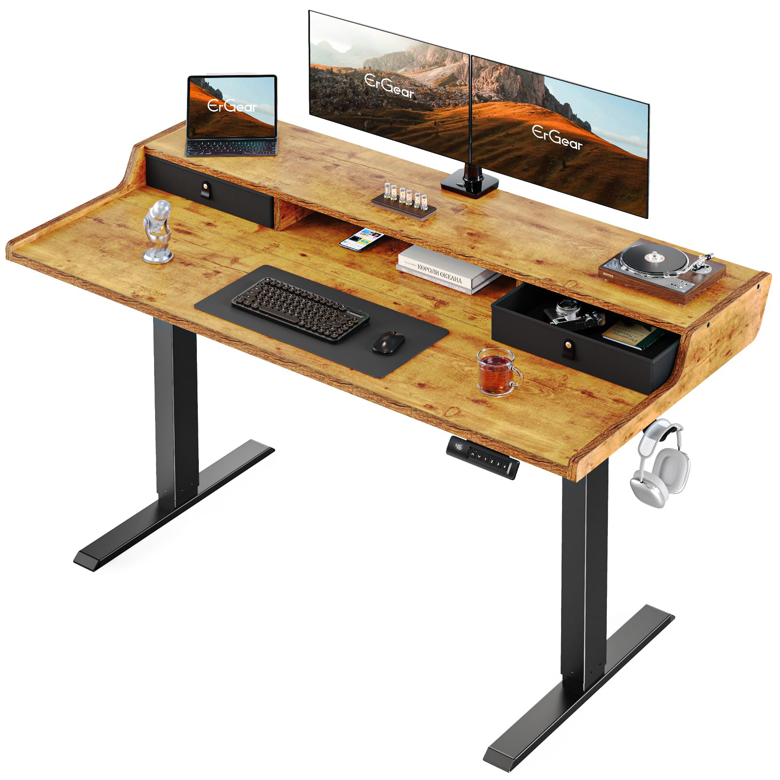 ErGear Electric Standing Desk with Drawers, 63″ x 28″ Gaming Table Compatible Monitor Stand, Stand up Desks, Home Office Height-Adjustable Desk with Storage Shelf, 4 Preset Heights, Black