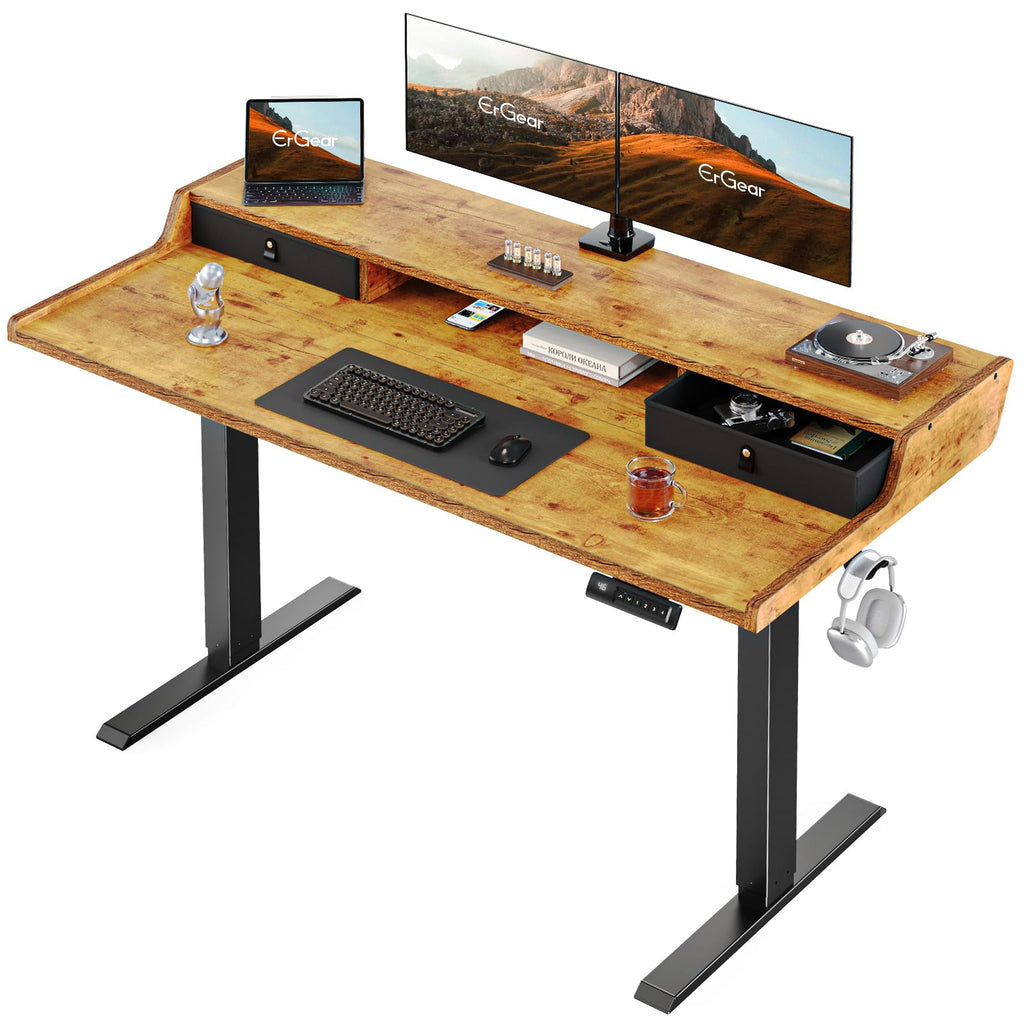 ErGear Electric Standing Desk with Drawers, 55″ x 28″ Gaming Table Compatible Monitor Stand, Stand up Desks, Home Office Height-Adjustable Desk with Storage Shelf, 4 Preset Heights, Black