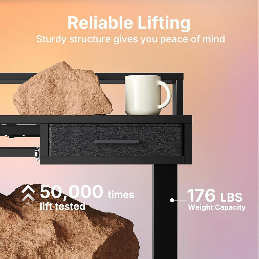 HUANUO 48″ X 26″ Electric Standing Desk with 2 Drawers &24.4″ Large Keyboard Tray, C-Clamp Mount Compatible, Adjustable Computer Desk for Office, Sit Stand Up Desk with 4 Height Presets, Black