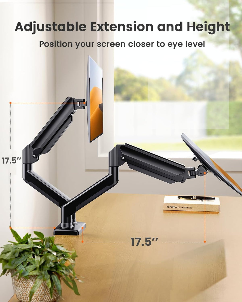 ErGear Dual Monitor Mount, Two Arms for 17"-32" Screens, Max 22 lbs Each, VESA 75/100mm, Adjustable Height, 180° Swivel, Tilt, 360° Rotation, Sturdy Steel for Office Use