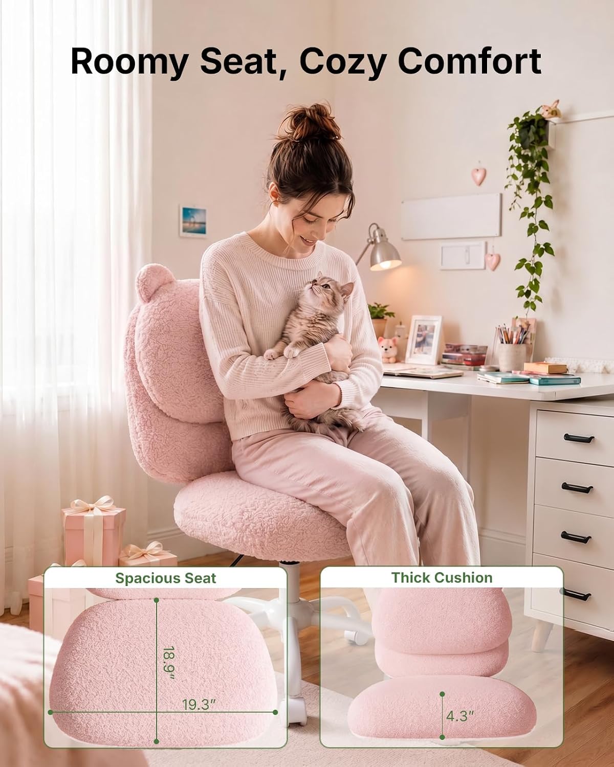 Marsail Teddy Fabric Dressing Chair, Armless Office Chair, Pink