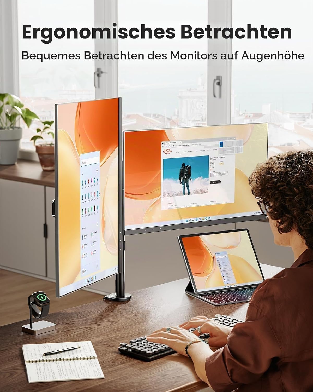 ErGear Monitor Halterung 2 Monitore für 13-32 Zoll Bildschirm, Bildschirmhalterung 2 Monitore Höhenverstellbar Neigbar Schwenkbar Drehungbar, VESA 75/100