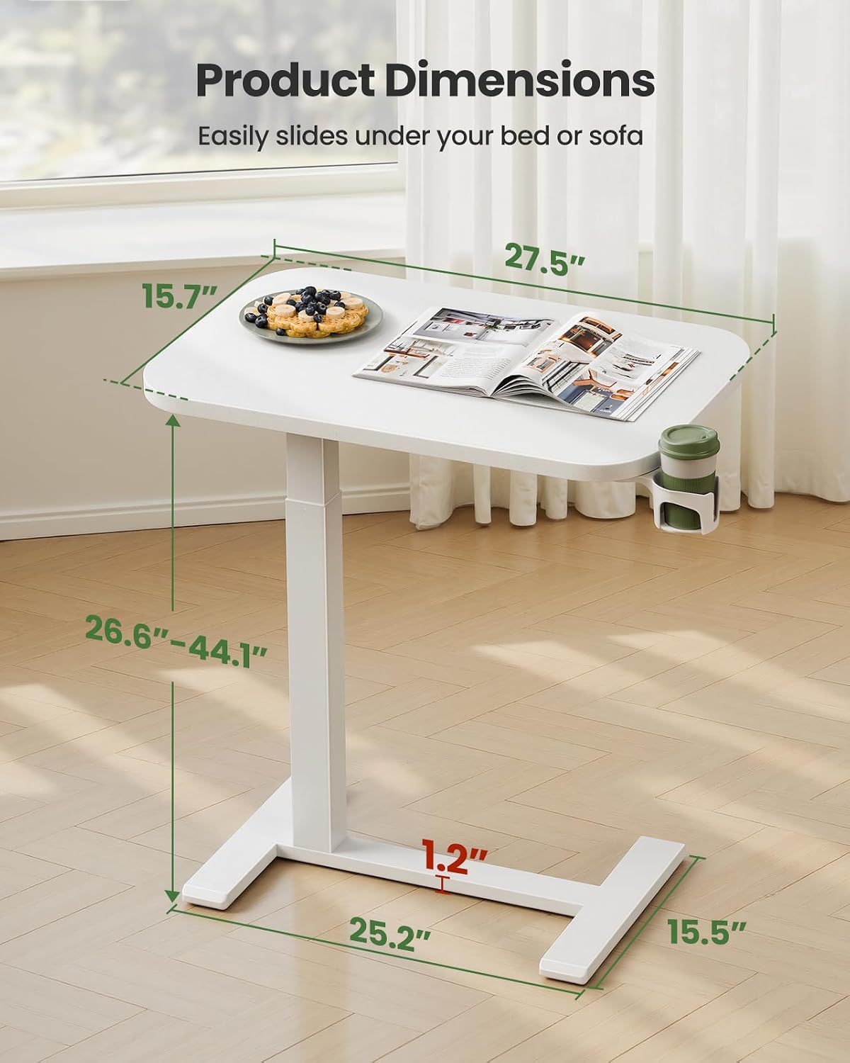Marsail 28×16″ Overbed Table with Hidden Wheels, Pneumatic Adjustable Bedside Table, Mobile Rolling Table with 360° Hideable Cup Holder, White