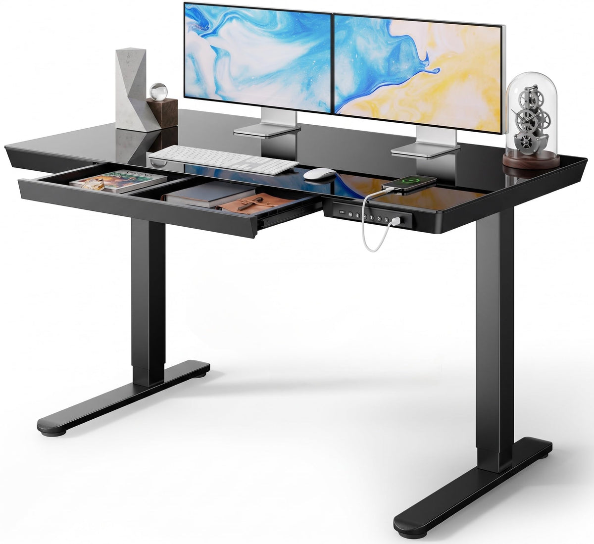 Marsail Glass Standing Desk with Drawer, 48 x 24 inch Electric Standing Desk, Height Adjustable Desk with One-Piece Tabletop & USB Charging Ports, Sit Stand Desk with Storage for Home & Office White