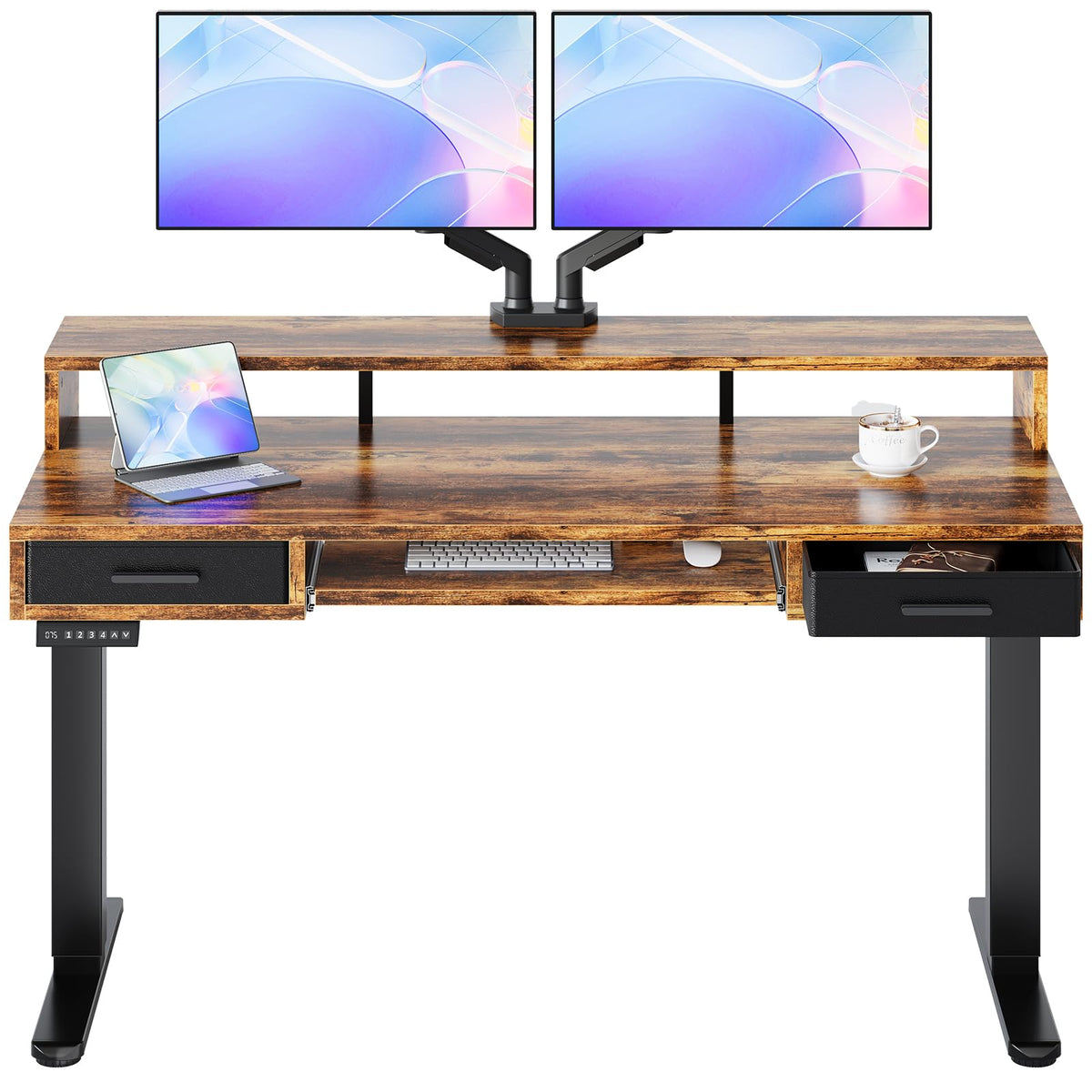 HUANUO 48″ X 26″ Electric Standing Desk with 2 Drawers &24.4″ Large Keyboard Tray, C-Clamp Mount Compatible, Adjustable Computer Desk for Office, Sit Stand Up Desk with 4 Height Presets, Black