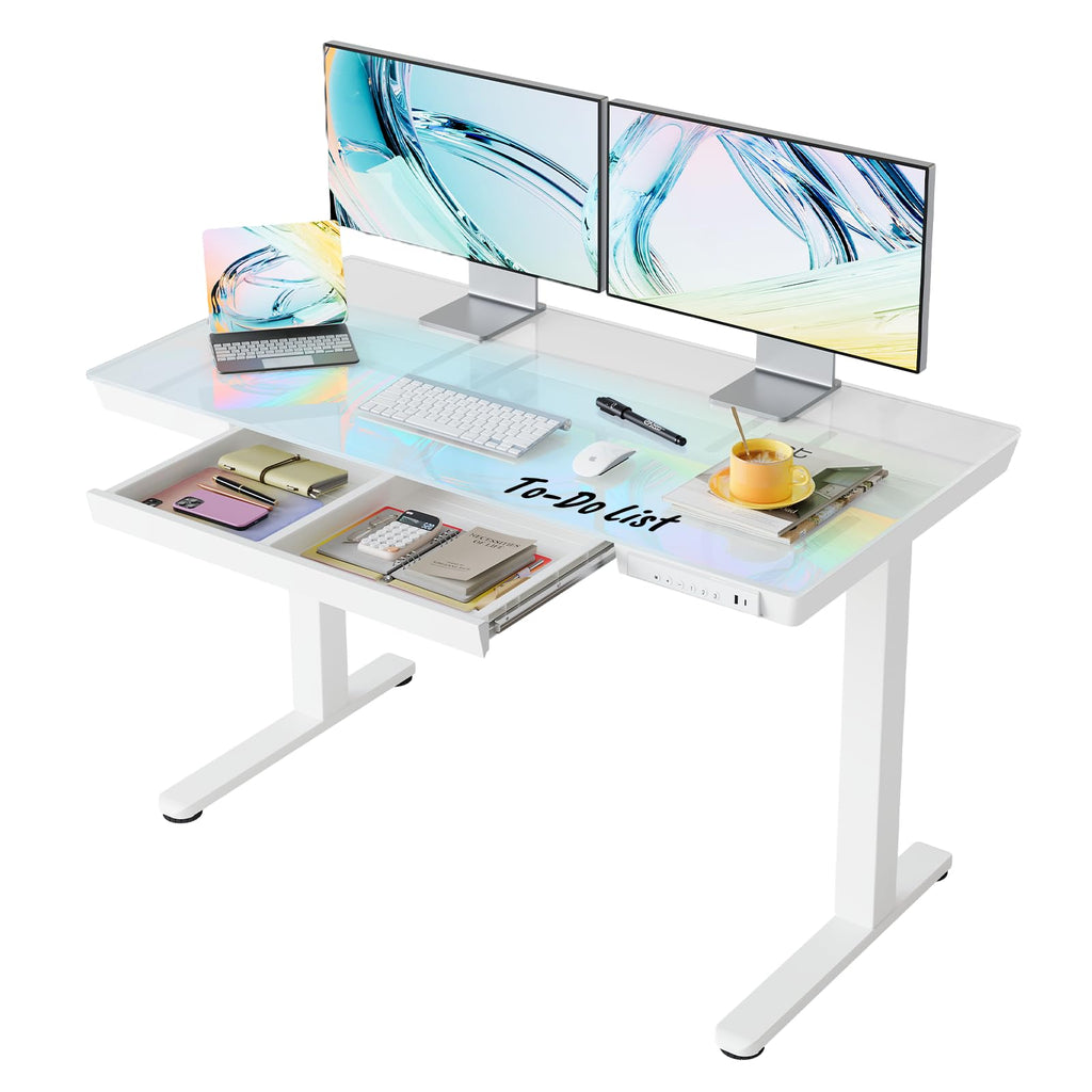 HUANUO Glass Standing Desk with Drawers, 35 X 20 Inch Electric Adjustable Height Desk, Quick Install One-Piece Tabletop with USB Charging Ports, White