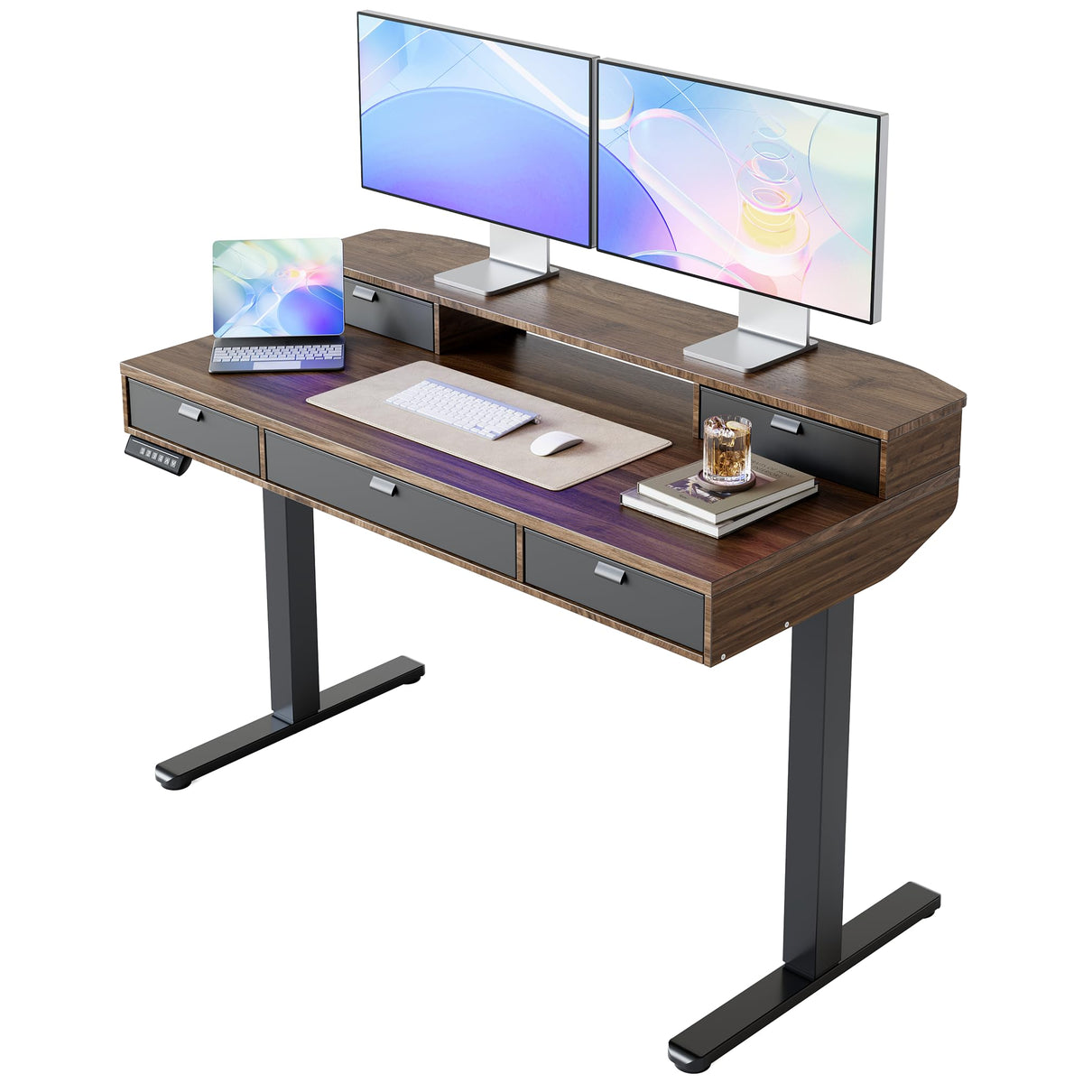 HUANUO Standing Sitting Desk Drawers 120 x 60 cm Adjustable Height | Compatible with C-clamp holder, 4 adjustable height adjustments