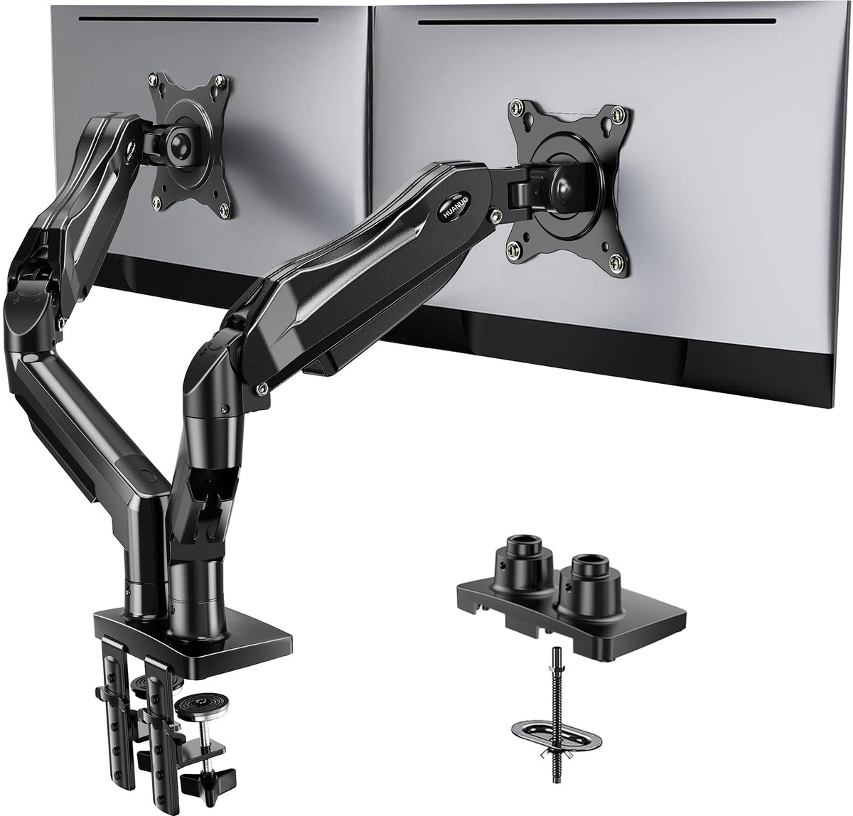 HUANUO FlowLift™ Dual Monitor Stand, Fully Adjustable Gaming Monitor Desk Mount for 13–30″ Computer Screens, Full Motion VESA 75x75/100x100 with C-Clamp & Grommet Base, Each Arm Holds 4.4 to 19.8 lbs