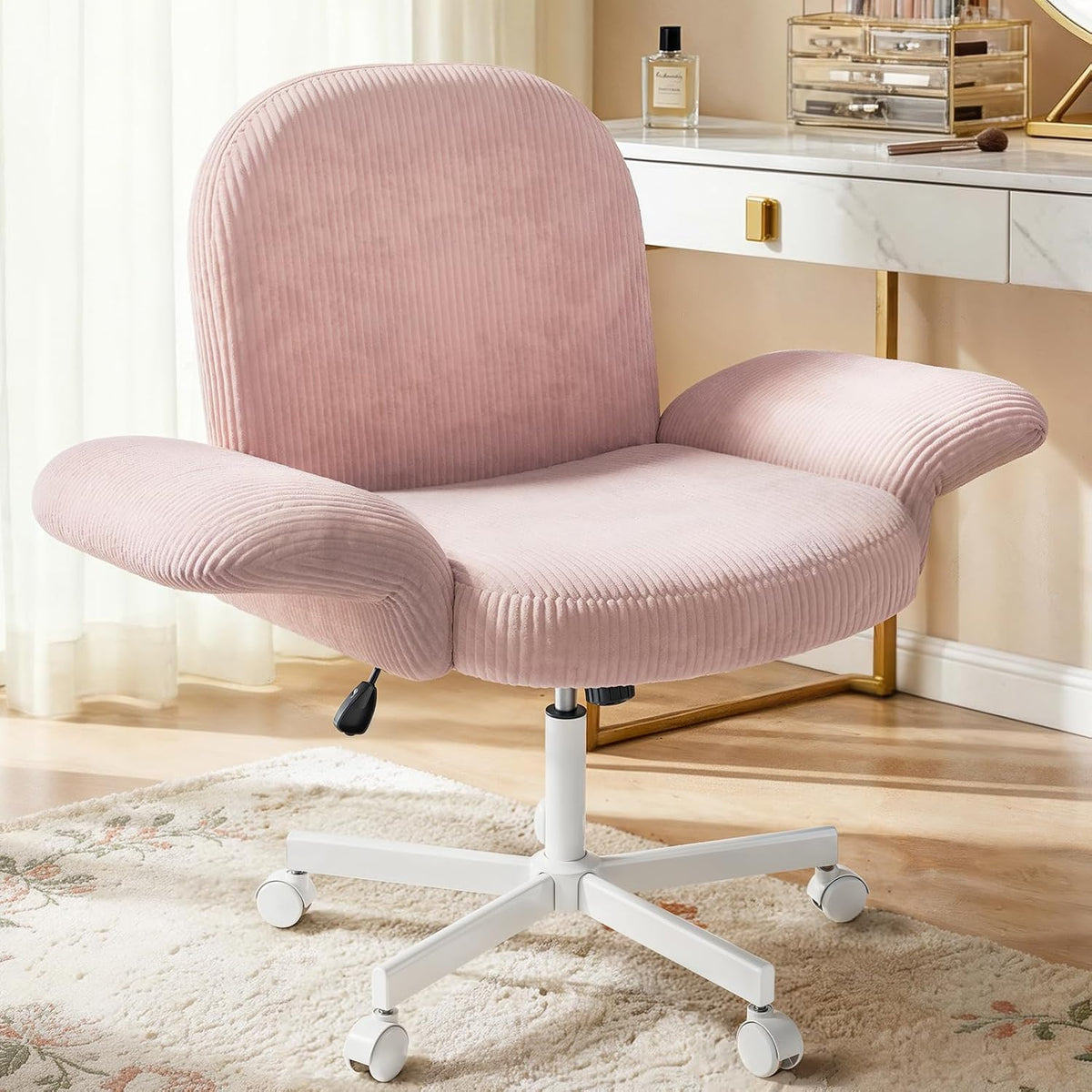 HUANUO Criss Cross Office Chair for Girls, Cross Legged Desk Chair with Adjustable Armrests, Soft Corduroy Fabric for Small Spaces, Home Office Computer Chair for Petite Women, Pink