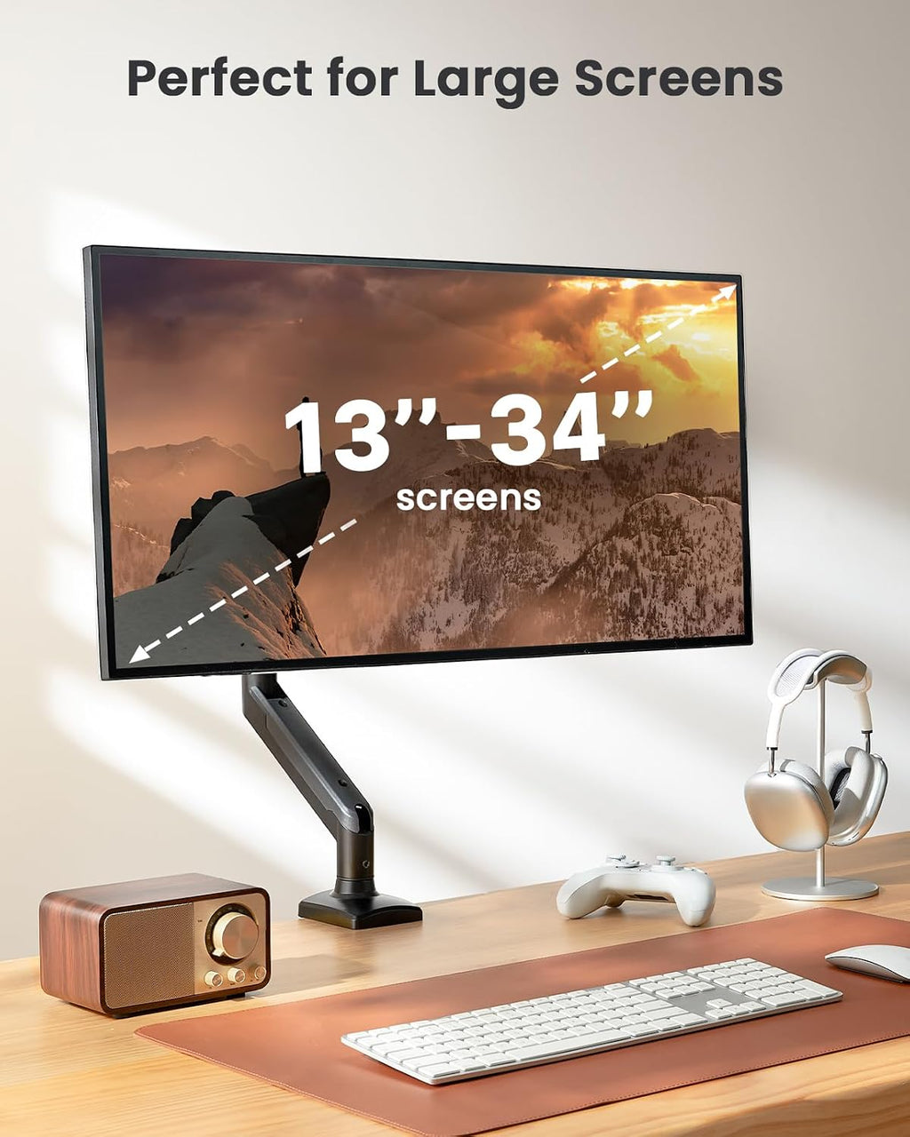 ErGear Single Monitor Arm Desk Mount for 13~34 Inches Screens, Height Adjustable Monitor Stand with Tilt, Swivel, Rotation, C-Clamp & Grommet Base, VESA 75 & 100 mm, Holds up to 10 kg Gaming