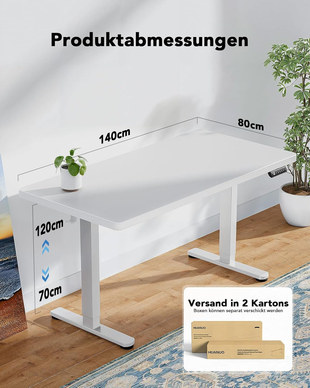 HUANUO Höhenverstellbarer Schreibtisch 140x80cm mit Ganze Tischplatte | Bürstenloser Motor, ergonomisches Stehpult, einfache Montage, für Homeoffice