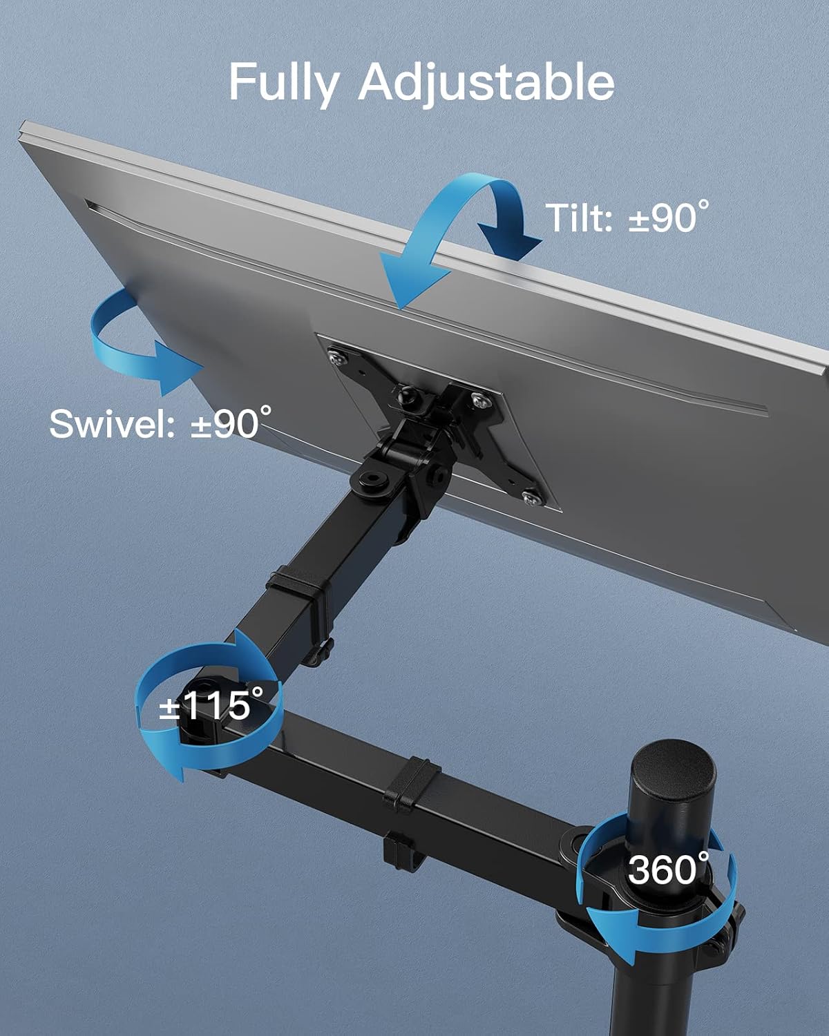 HUANUO Tall Monitor Arm Desk Mount, Adjustable Single Monitor Stand for 13-32" Screen, Ultra Wide Screen to 38 inch, Extra Tall VESA Mount Holds up to 10kg with C Clamp/Grommet Base