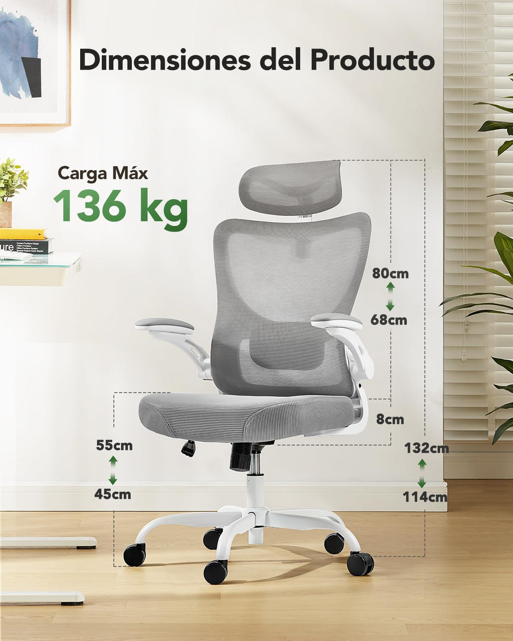 Marsail Ergonomic Desk Chair: Computer Office Chair with Mesh High Back and Adjustable Lumbar Support Swivel Chair for Work with Wheels, 3D Armrest and Headrest