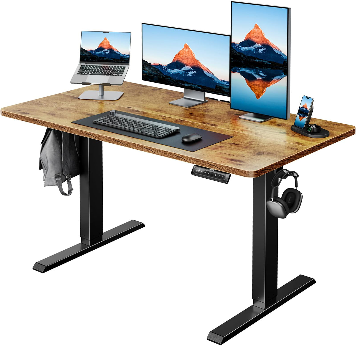 HUANUO 32x19 Inch Small Electric Standing Desk, Adjustable, Light Walnut