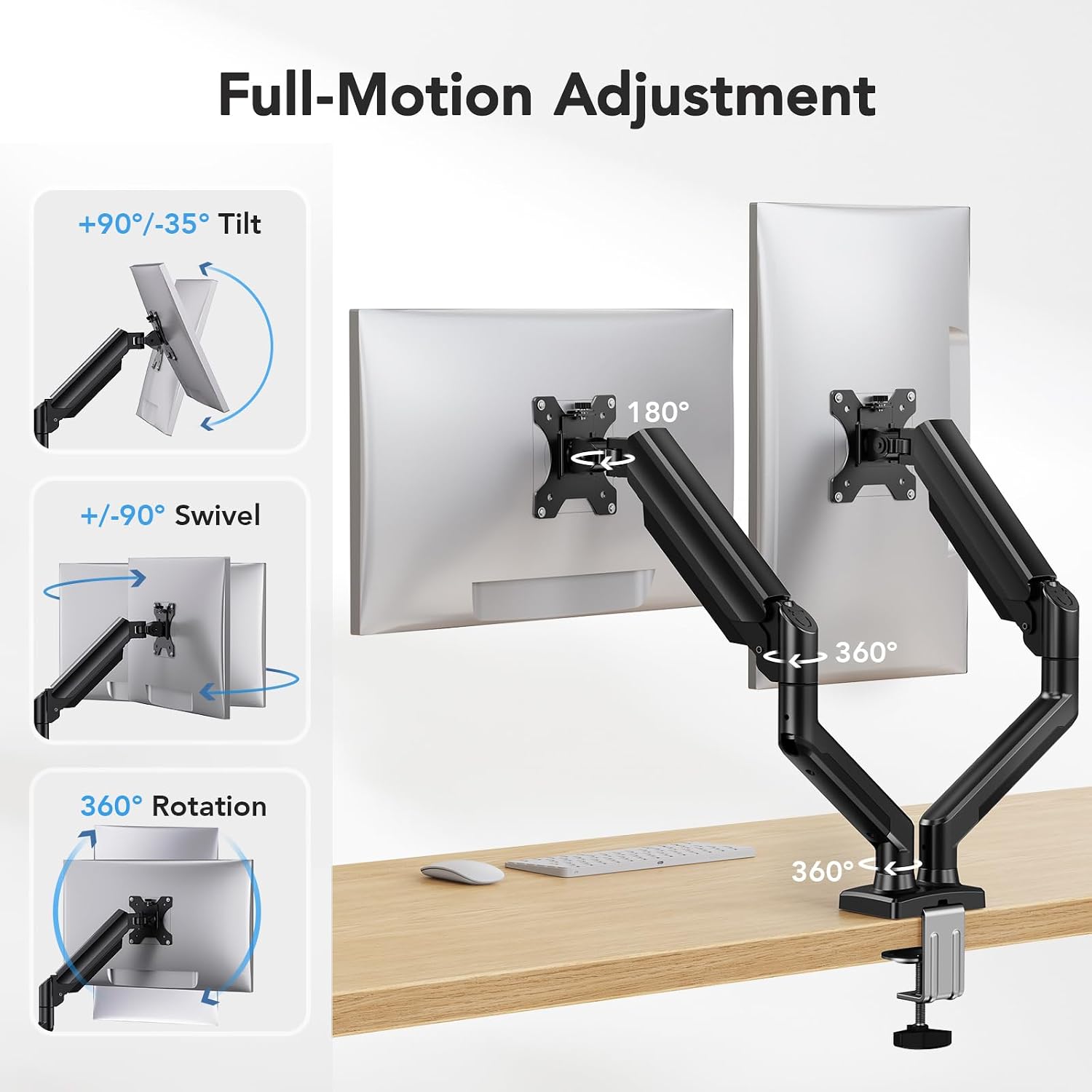 HUANUO Dual Monitor Mount for 2 Monitors up to 30 inches, Each Arm Holds Max 22lbs, Dual Monitor Stand with Advanced System, Height-Adjustable/Tilt/Swivel/Rotate, VESA Standard 75mm or 100mm