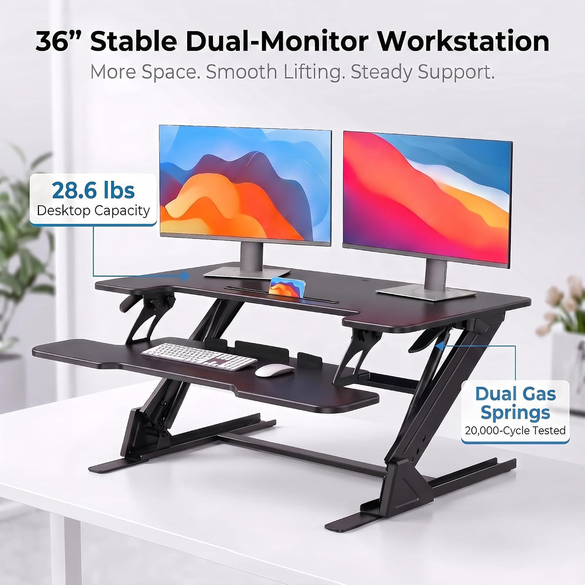 HUANUO 36" Z-Shaped Standing Desk Converter with Wide Keyboard Tray, Black | Dual Monitor Fit, Height Adjustable Sit Stand Up Desk Riser, Dual Gas Lift, Stable Z-Steel Frame, Unpack, Install Tray & Use
