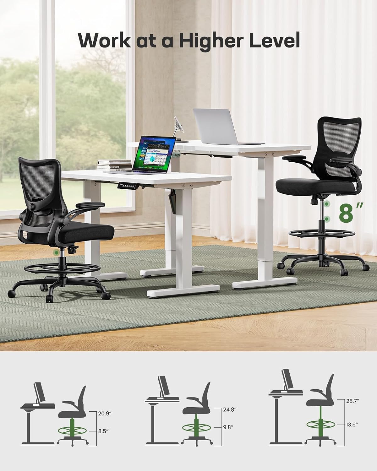 Marsail Drafting Chair, Tall Office Chair with 2D Lumbar Support, Standing Desk Chair,High Office Chair with Padded Flip-Up Armrests & Adjustable Footrest Ring, Dark