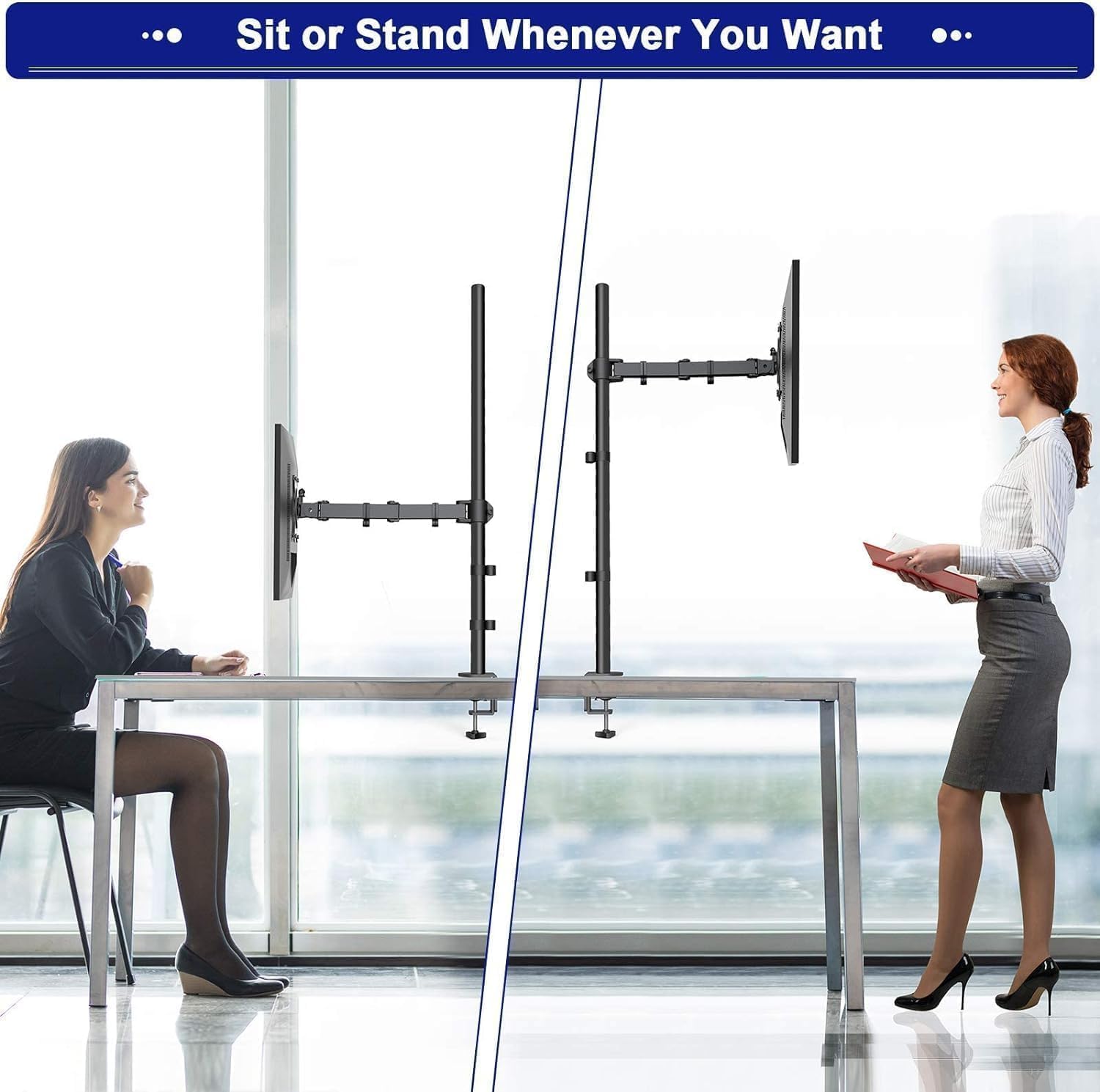 HUANUO Tall Monitor Arm Desk Mount, Adjustable Single Monitor Stand for 13-32" Screen, Ultra Wide Screen to 38 inch, Extra Tall VESA Mount Holds up to 10kg with C Clamp/Grommet Base