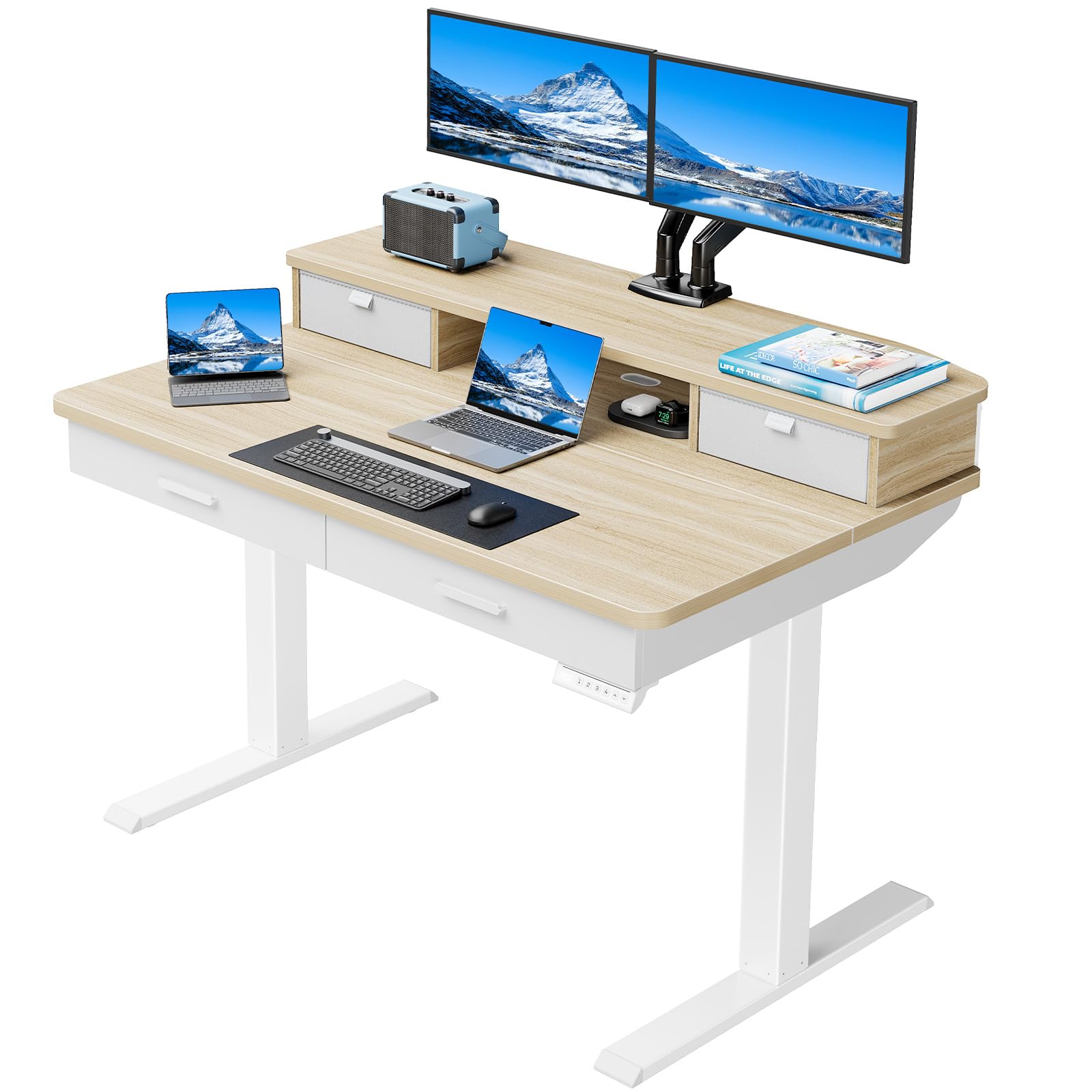 HUANUO 48 X 24 inch Electric Standing Desk with 4 Drawers, Adjustable Height Sit Stand Home Office Desk, C-Clamp Mount Compatible, Ergonomic Stand up Desk with 4 Preset Heights, Natural