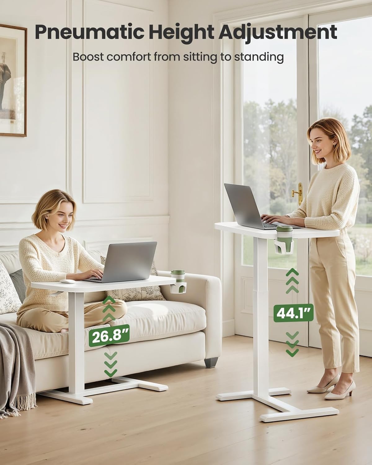 Marsail 28×16″ Overbed Table with Hidden Wheels, Pneumatic Adjustable Bedside Table, Mobile Rolling Table with 360° Hideable Cup Holder, White