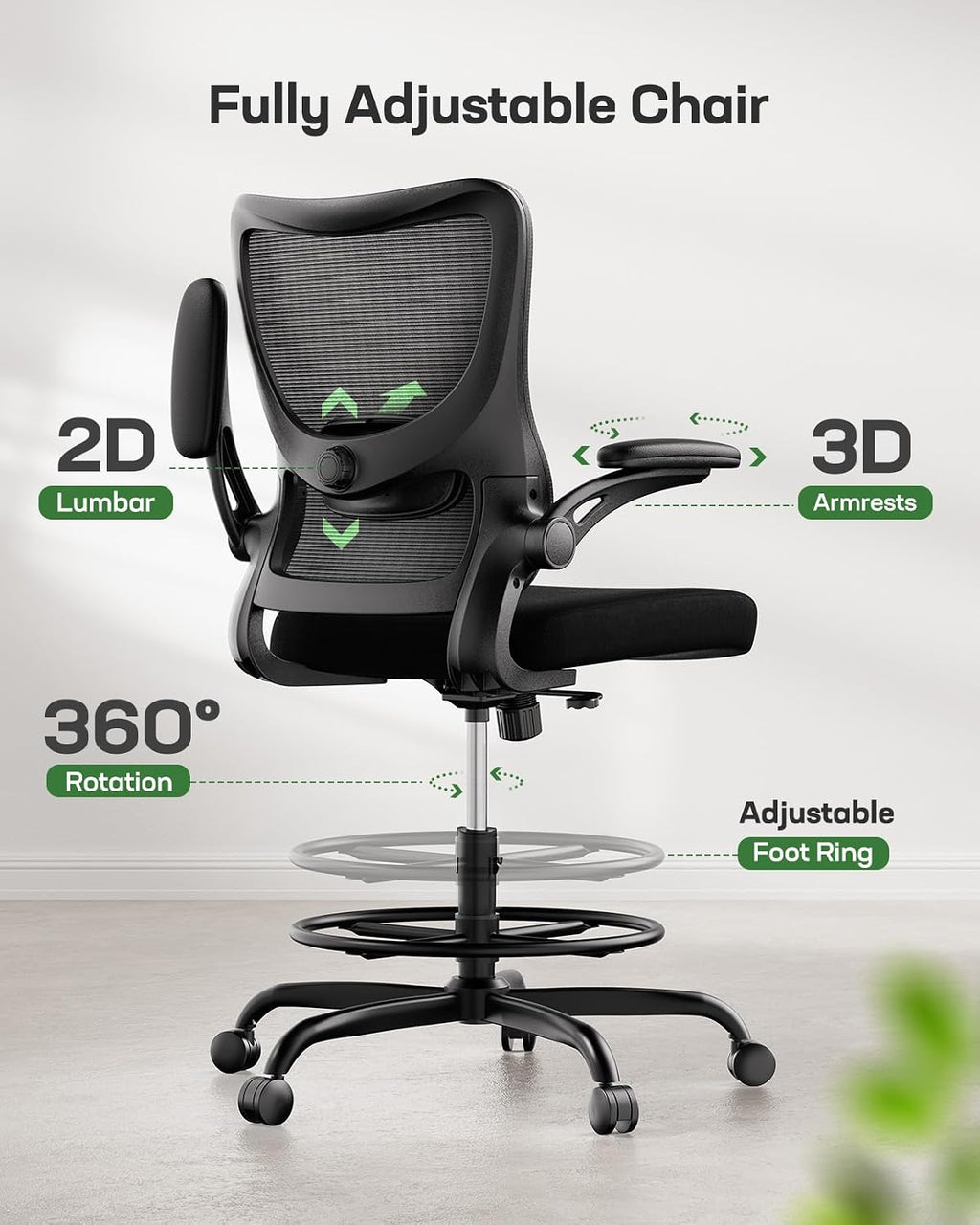 Marsail Drafting Chair, Tall Office Chair with 2D Lumbar Support, Standing Desk Chair,High Office Chair with Padded Flip-Up Armrests & Adjustable Footrest Ring, Dark