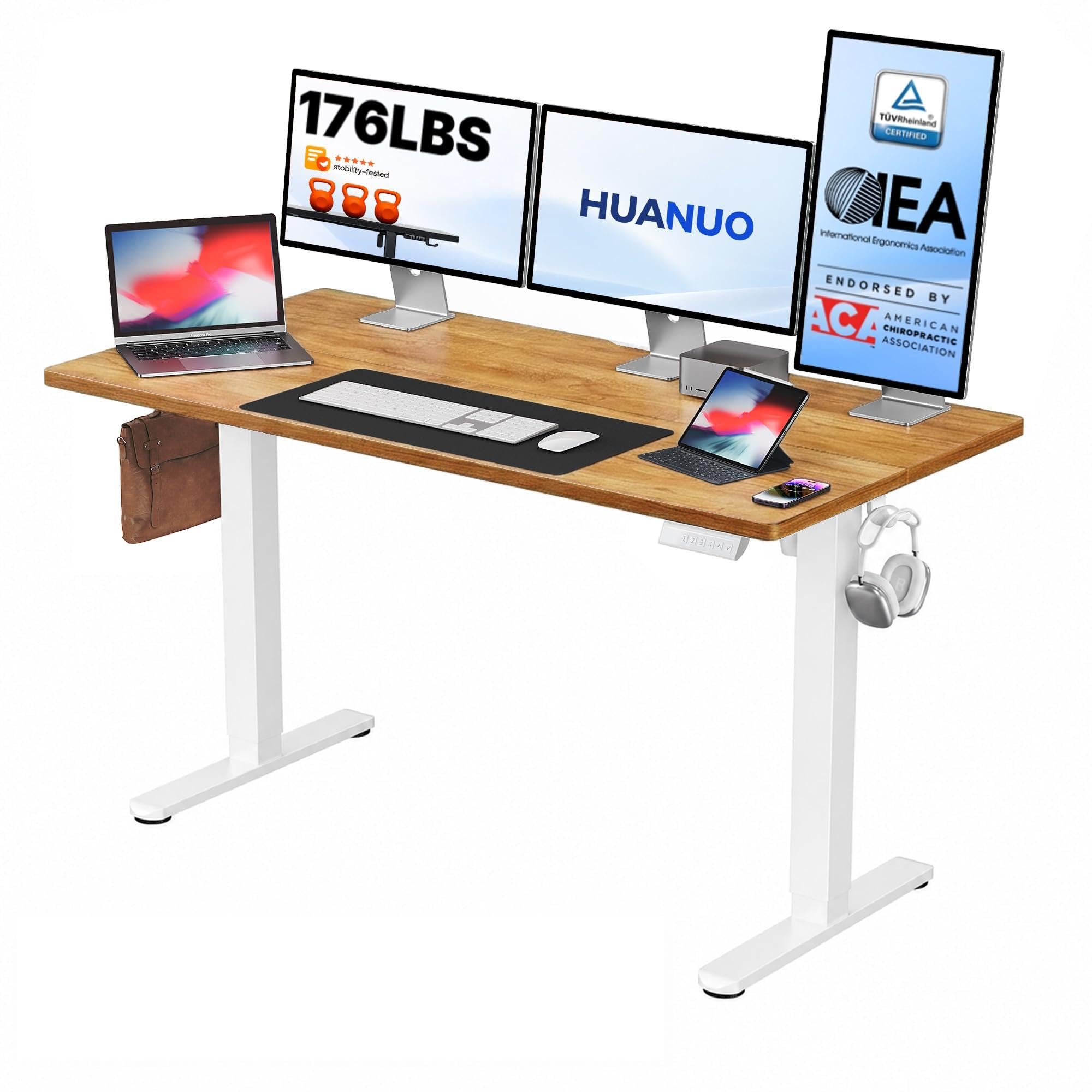 HUANUO 32x19 Inch Small Electric Standing Desk, Adjustable, Light Walnut