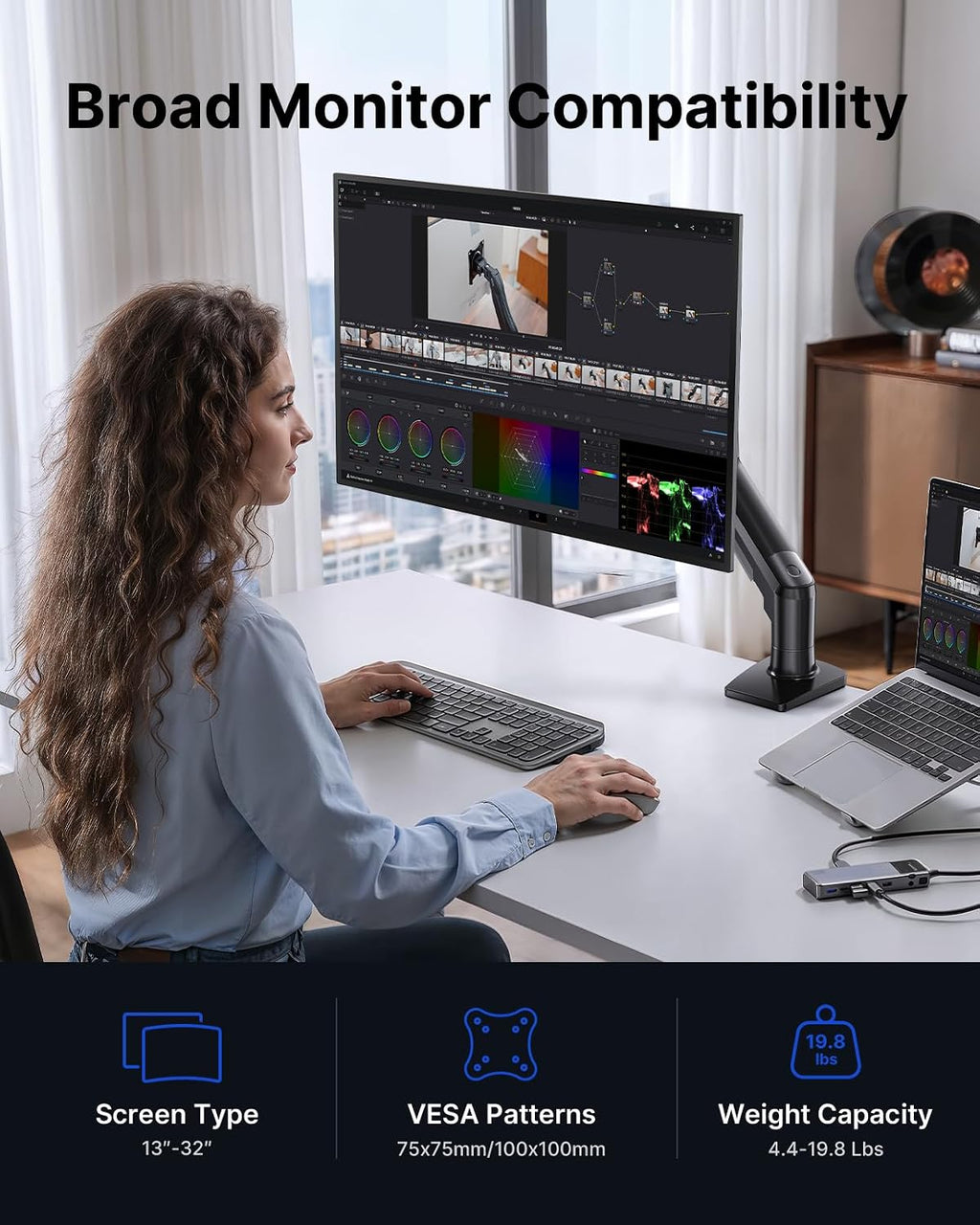 HUANUO FlowLift™ Single Monitor Mount, 13 to 32 Inch Monitor Arm, Adjustable Monitor Stand, Vesa Mount with Clamp and Grommet Base - Fits 4.4 to 19.8lbs LCD Computer Monitors
