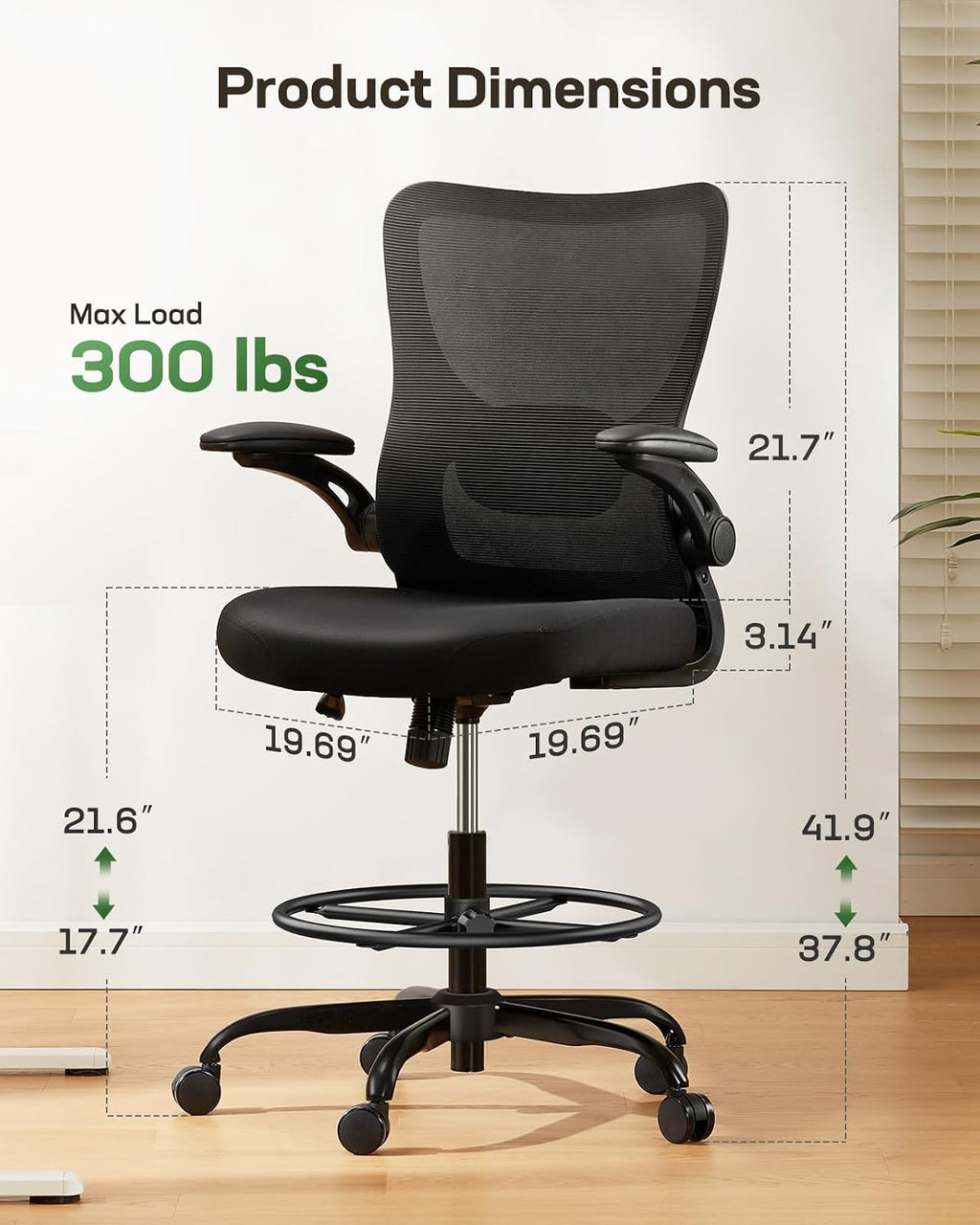 Marsail Drafting Chair, Tall Office Chair with 2D Lumbar Support, Standing Desk Chair,High Office Chair with Padded Flip-Up Armrests & Adjustable Footrest Ring, Dark
