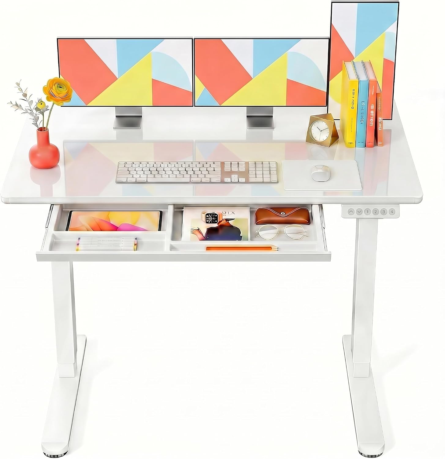 Marsail 55 x 28 inch Glass Standing Desk with 4-Zone Drawer Storage, White | 28.3–46.5 Inch Height Range, One-piece Tempered Glass top, 4 Preset Heights, Sit Stand Design, Ergonomic Home Office Desk