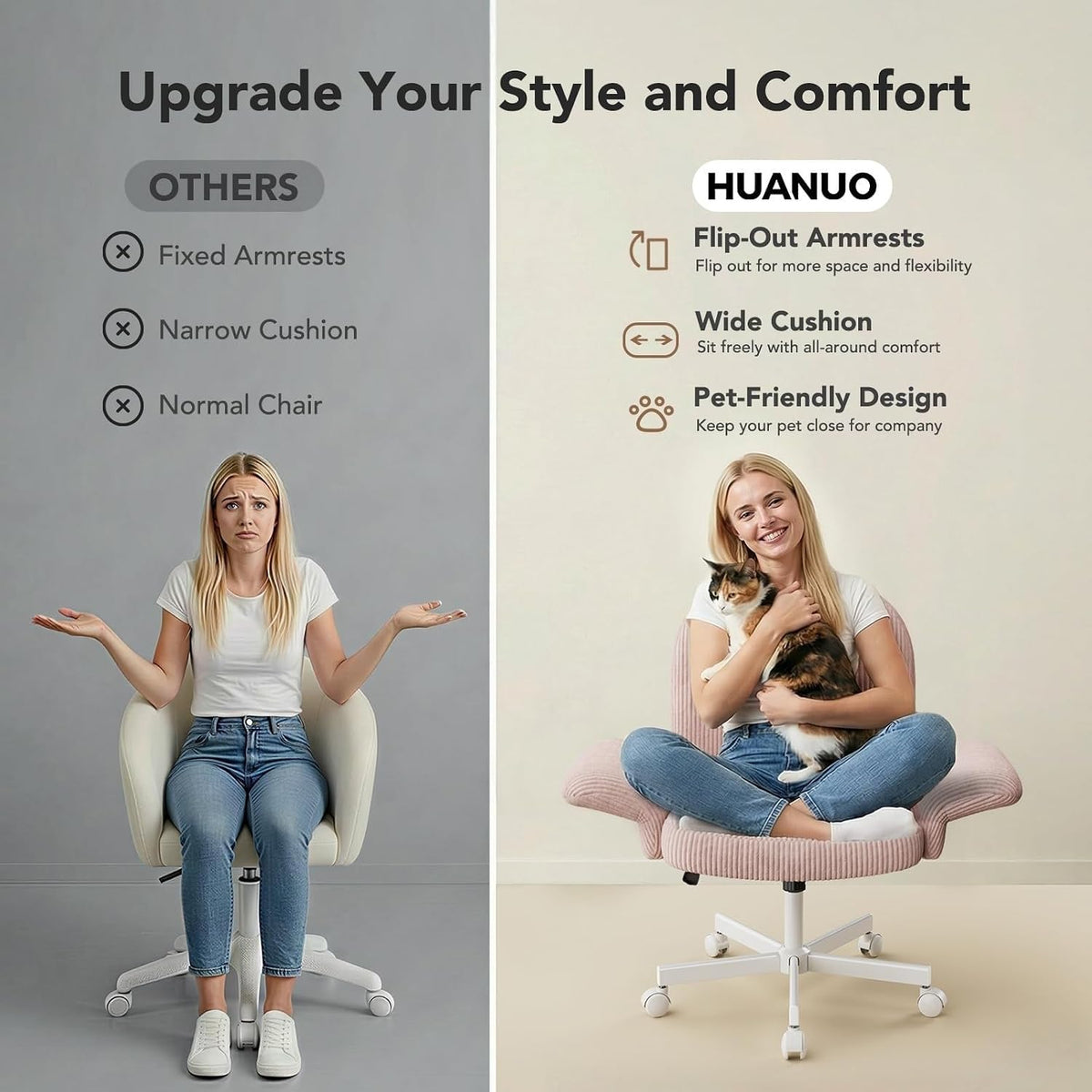 HUANUO Criss Cross Office Chair for Girls, Cross Legged Desk Chair with Adjustable Armrests, Soft Corduroy Fabric for Small Spaces, Home Office Computer Chair for Petite Women, Pink