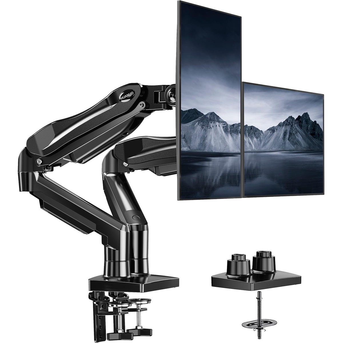 HUANUO FlowLift™ Dual Monitor Stand, Fully Adjustable Gaming Monitor Desk Mount for 13–30″ Computer Screens, Full Motion VESA 75x75/100x100 with C-Clamp & Grommet Base, Each Arm Holds 4.4 to 19.8 lbs