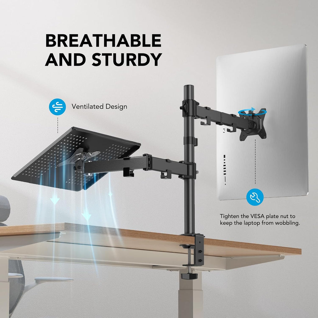 HUANUO Monitor Arm with Laptop Tray for 13 to 32 Inch Screen & 17 Inch Notebook, Monitor and Laptop Stand, Monitor Arm Desk Mount Fits VESA 75/100 Gaming