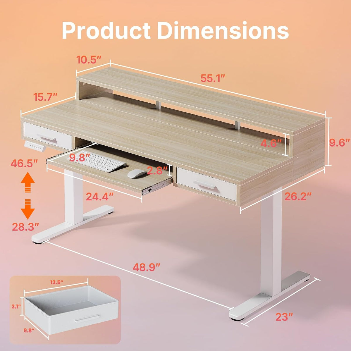 HUANUO 48″ x 26″ Electric Standing Desk with 2 Drawers &24.4″ Large Keyboard Tray, C-Clamp Mount Compatible, Adjustable Computer Desk for Office, Sit Stand Up Desk with 4 Height Presets, Light Walnut