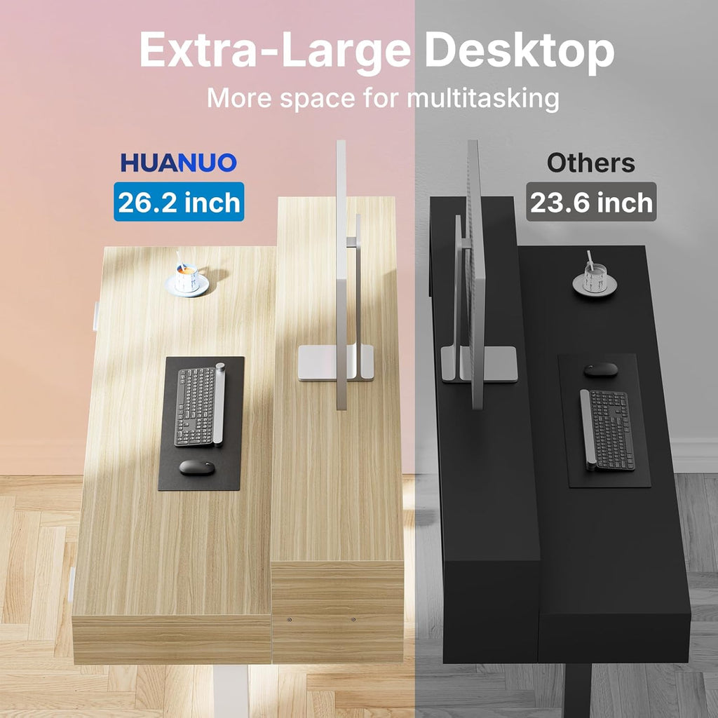 HUANUO 48″ x 26″ Electric Standing Desk with 2 Drawers &24.4″ Large Keyboard Tray, C-Clamp Mount Compatible, Adjustable Computer Desk for Office, Sit Stand Up Desk with 4 Height Presets, Light Walnut