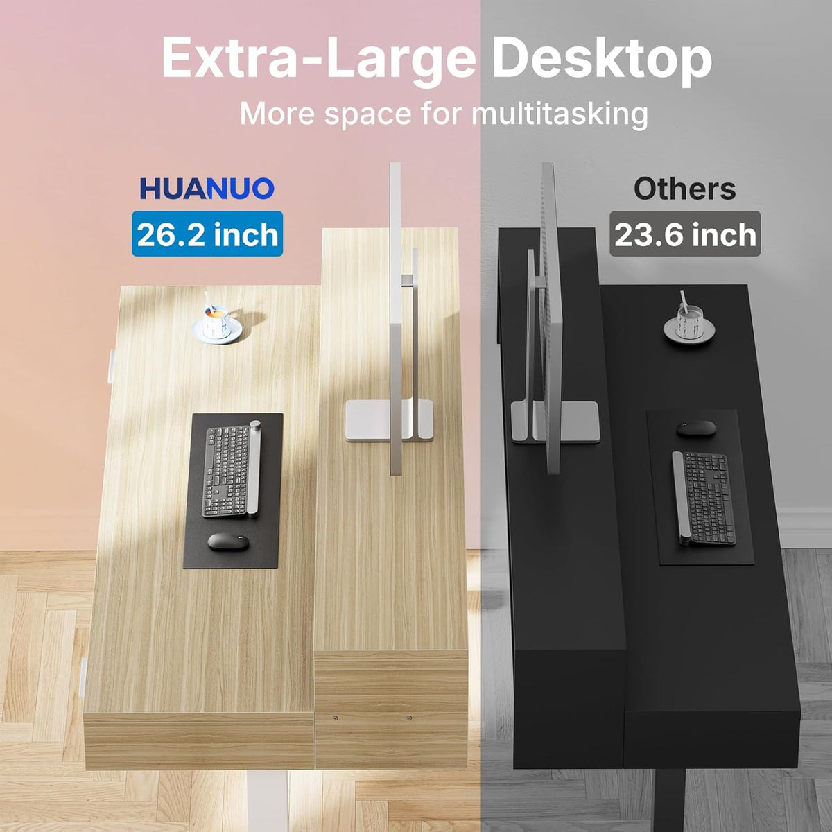 HUANUO 48″ x 26″ Electric Standing Desk with 2 Drawers &24.4″ Large Keyboard Tray, C-Clamp Mount Compatible, Adjustable Computer Desk for Office, Sit Stand Up Desk with 4 Height Presets, Light Walnut