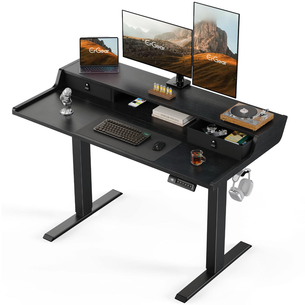 ErGear Electric Standing Desk with Drawers, 63″ x 28″ Gaming Table Compatible Monitor Stand, Stand up Desks, Home Office Height-Adjustable Desk with Storage Shelf, 4 Preset Heights, Black