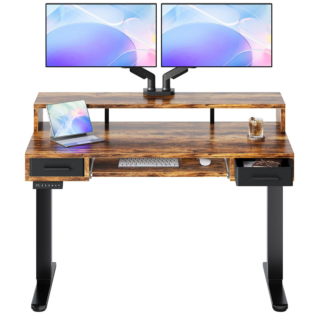 HUANUO 48″ x 26″ Electric Standing Desk with 2 Drawers &24.4″ Large Keyboard Tray, C-Clamp Mount Compatible, Adjustable Computer Desk for Office, Sit Stand Up Desk with 4 Height Presets, Light Walnut