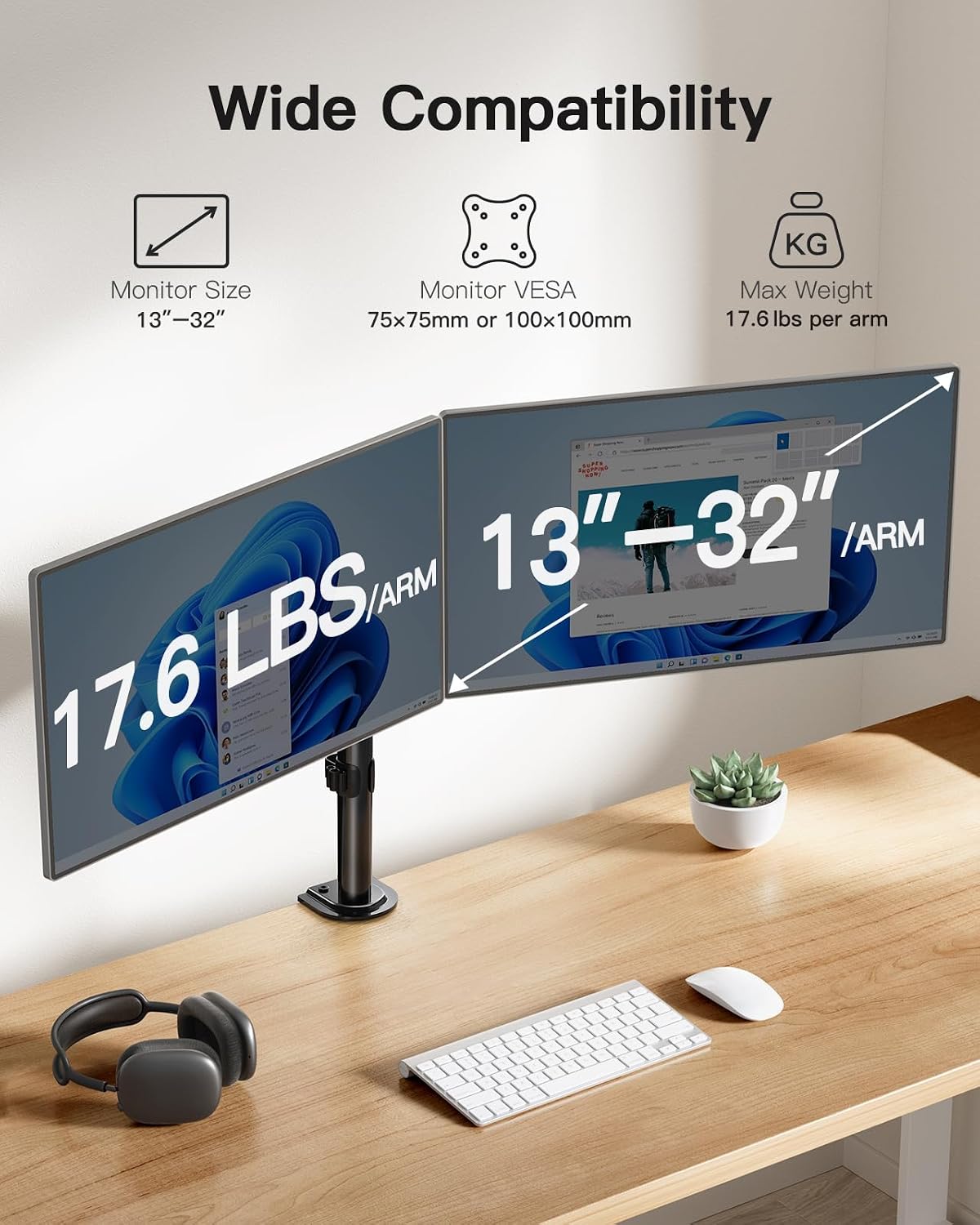 HUANUO Dual Monitor Mount for 2 Monitors up to 32 inches, Heavy Duty Dual Monitor Stand Holds up to17.6lbs, Dual Monitor Arm with Height Adjustable Tilt Swive Rotate, VESA Hole 75mm or 100mm