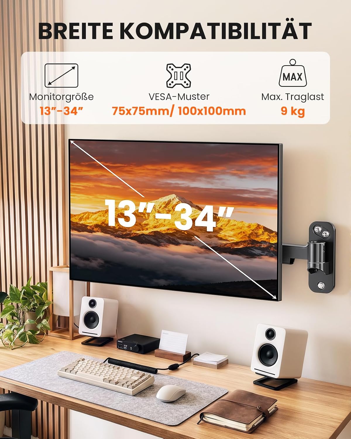 ErGear Monitor Wandhalterung 17-34" 9 kg, neigbar schwenkbar, VESA 75/100