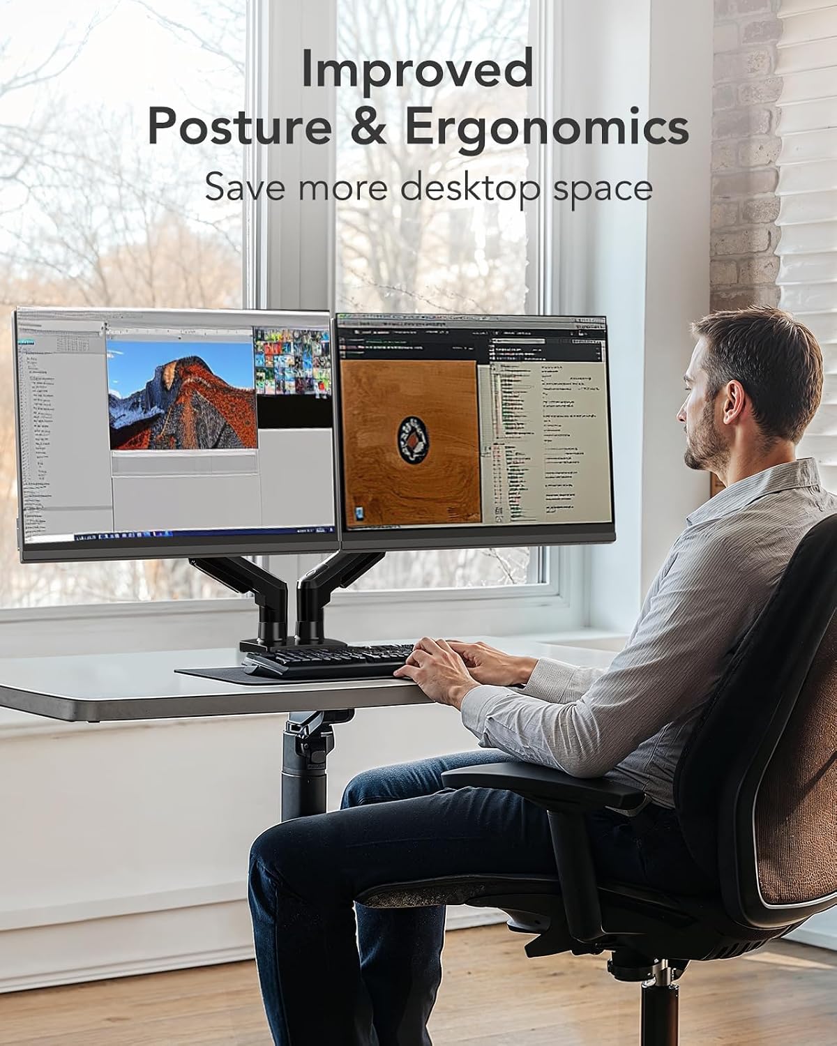 HUANUO Dual Monitor Stand for 13 to 32 Inches, Design Dual Monitor Mount, Fully Flexible Adjustable with Tilt, Swivel, Rotation, VESA 75/100, 19.8lbs per arm