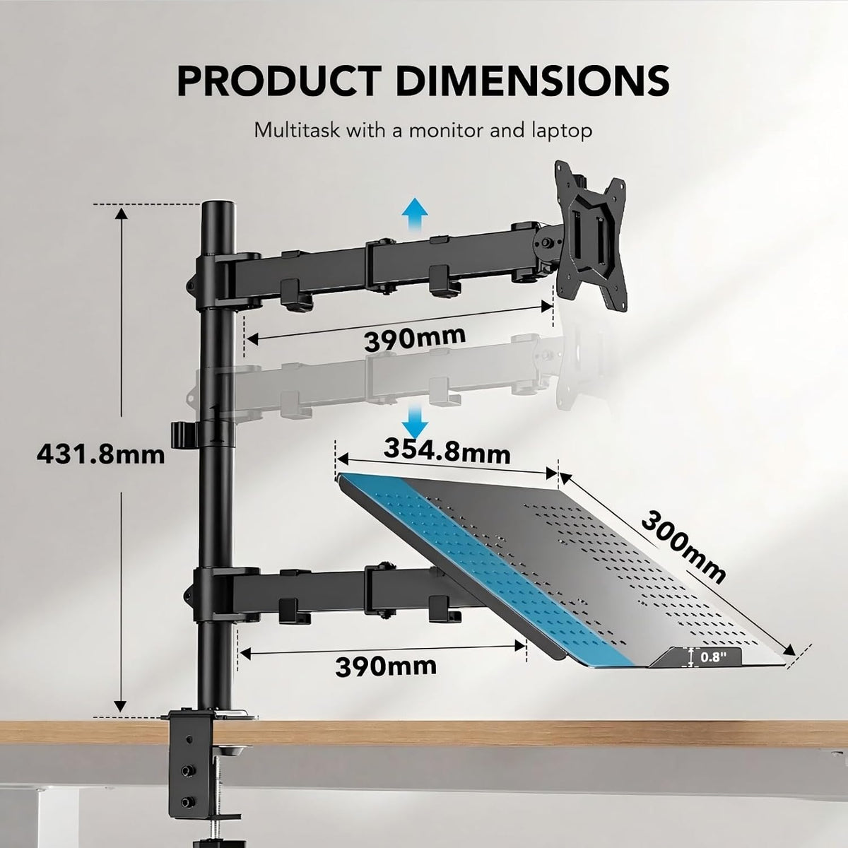 HUANUO Monitor Arm with Laptop Tray for 13 to 32 Inch Screen & 17 Inch Notebook, Monitor and Laptop Stand, Monitor Arm Desk Mount Fits VESA 75/100 Gaming