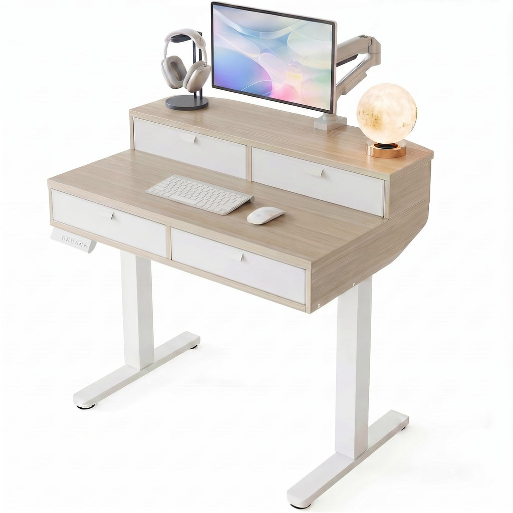 HUANUO 32 X 20 inch Electric Standing Desk with 4 Drawers, Adjustable Height Sit Stand Home Office Desk, C-Clamp Mount Compatible, Ergonomic Stand up Desk with 4 Preset Heights, Walnut