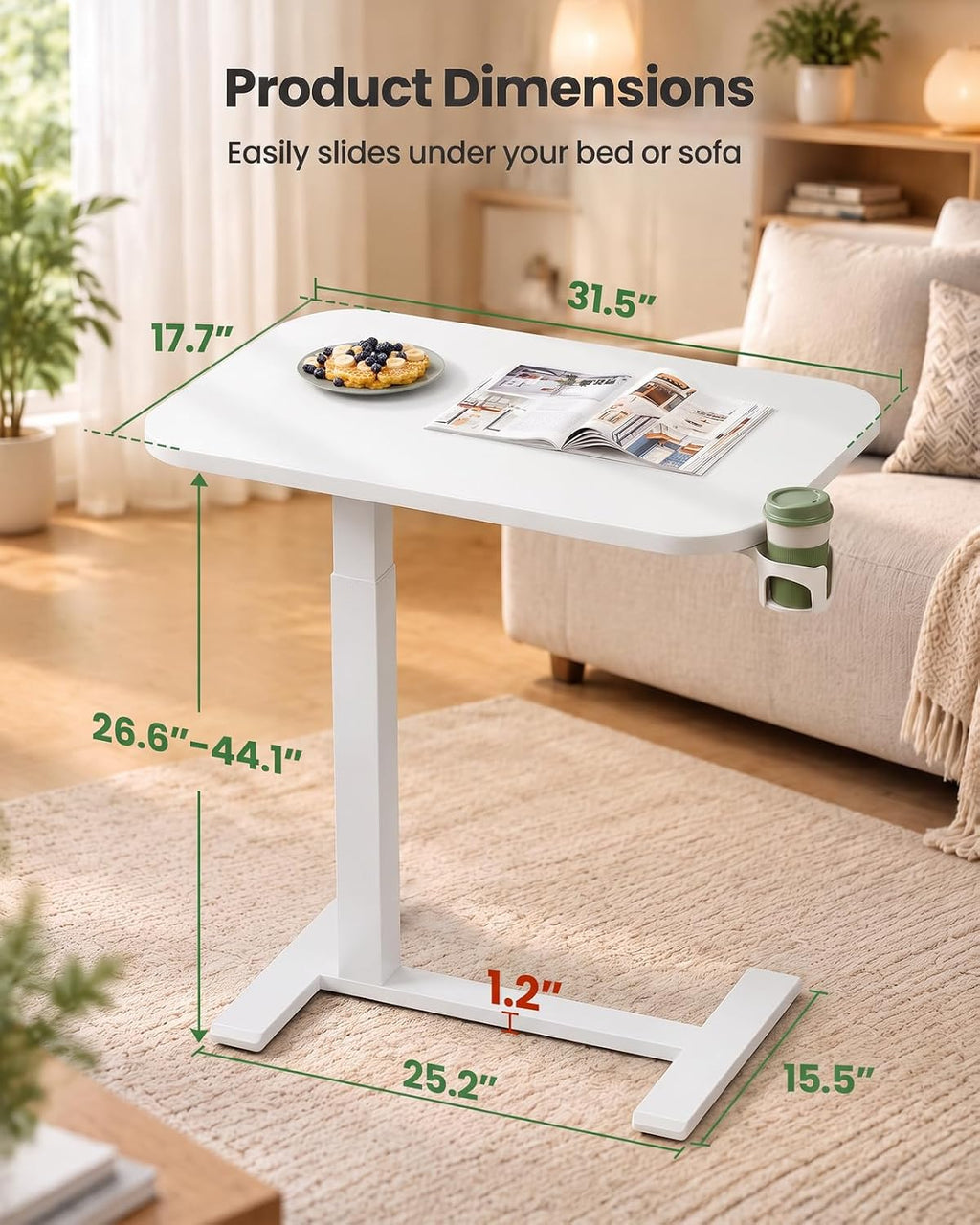 Marsail Overbed Table,Mobile Standing Desk with pneumatic height adjustment