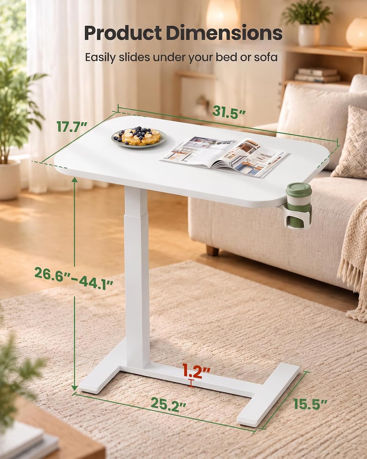 Marsail Overbed Table,Mobile Standing Desk with pneumatic height adjustment