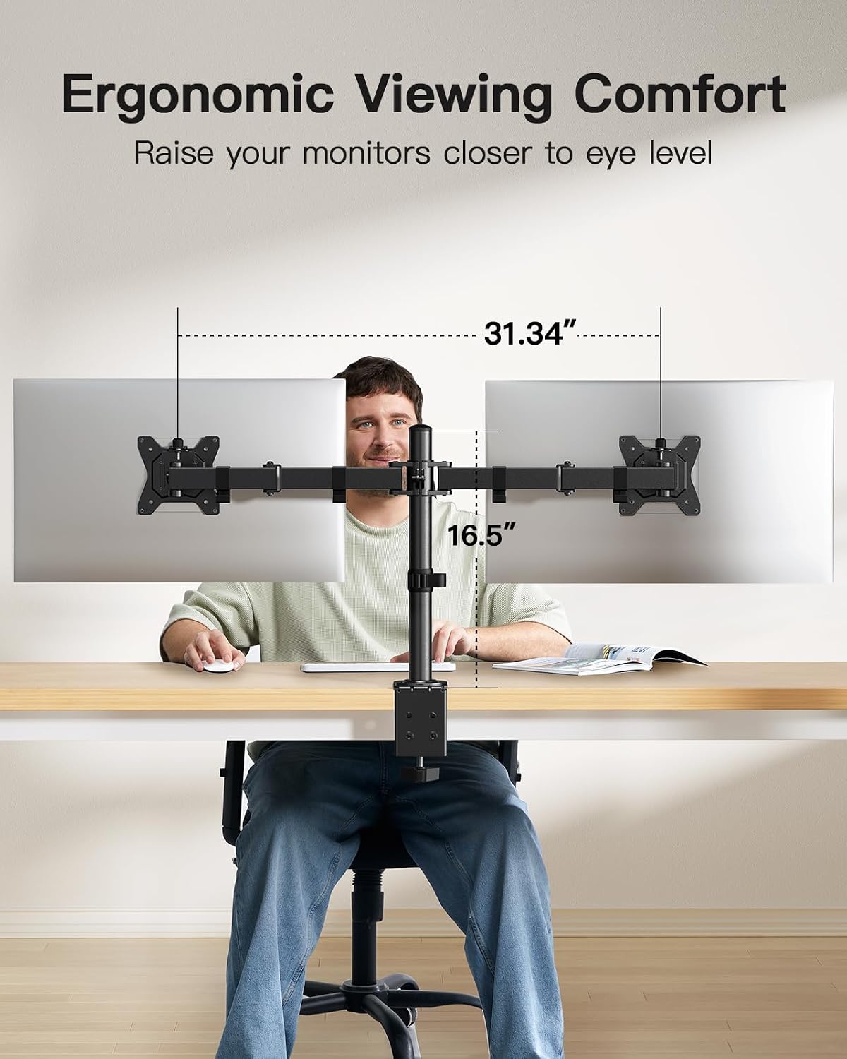 HUANUO Dual Monitor Mount for 2 Monitors up to 32 inches, Heavy Duty Dual Monitor Stand Holds up to17.6lbs, Dual Monitor Arm with Height Adjustable Tilt Swive Rotate, VESA Hole 75mm or 100mm